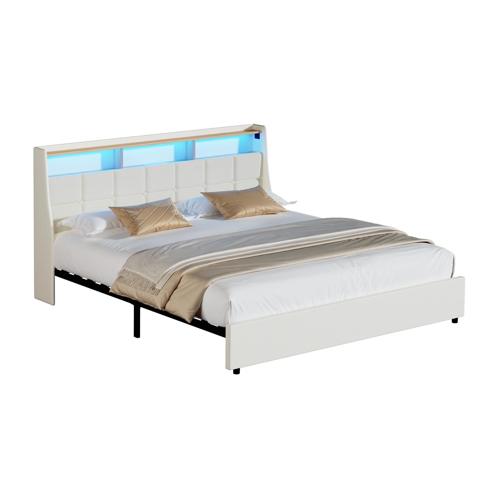 1 Oikiture King Size Bed Frame with LED Storage Headboard USB Charging - Beige, 1 of 6