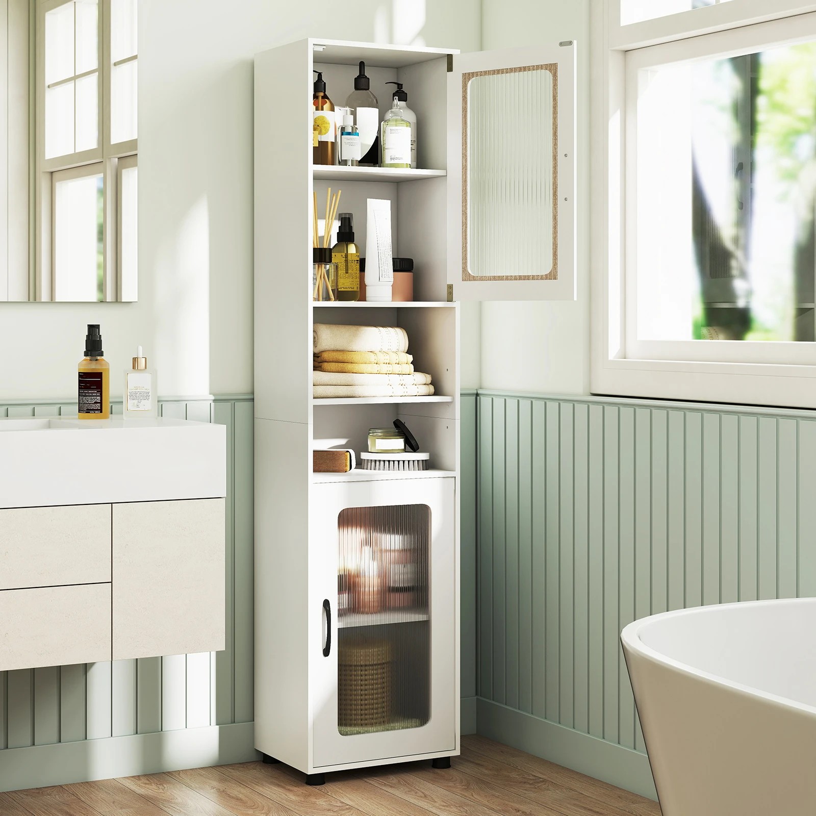 5 Costway 1.7M Bathroom Storage Cabinet Slim Sideboard w/2 Fluted Doors - White, 5 of 8