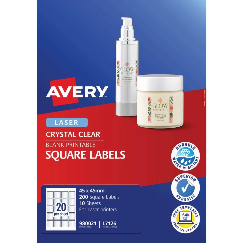 2 Avery 20UP Laser Crystal Clear Square 45mm Labels 10 Sheets, 2 of 4