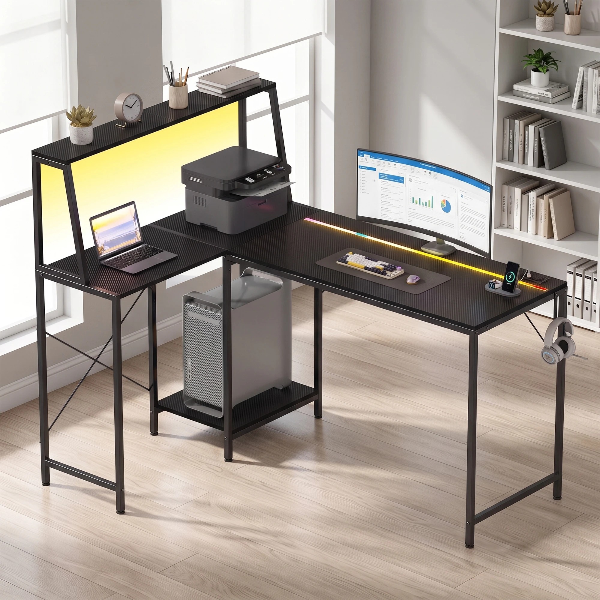 5 Advwin 135cm LED Gaming Desk w/ Adjustable Recessed Shelf & Power Outlets Carbon Fiber Reversible Computer Desk - Black, 5 of 10