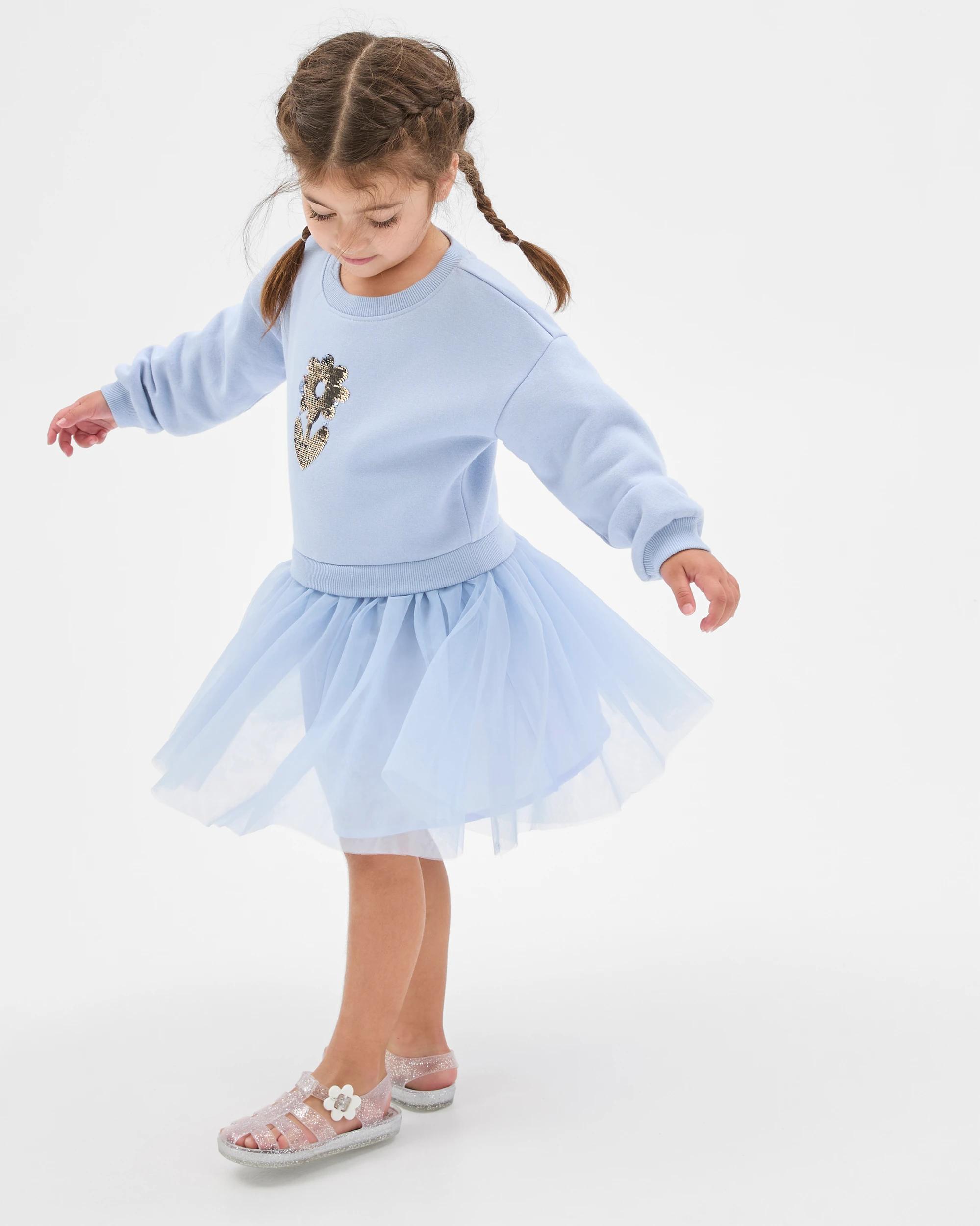 2 Target Kids Australian Cotton Blend Fleece Tulle Jumper Dress BLUE FLOWER, 2 of 6
