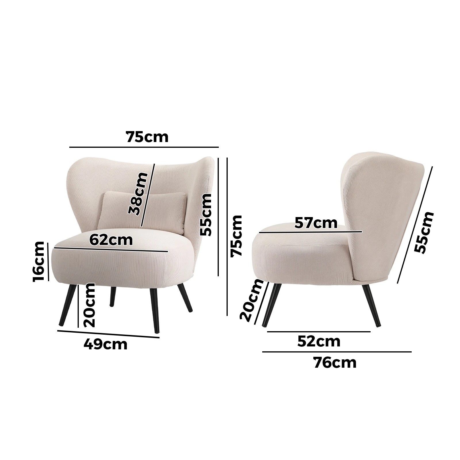 2 Oikiture Armchair Lounge Chair With Lumbar Pillow Wingback Velvet
 - Beige, 2 of 9