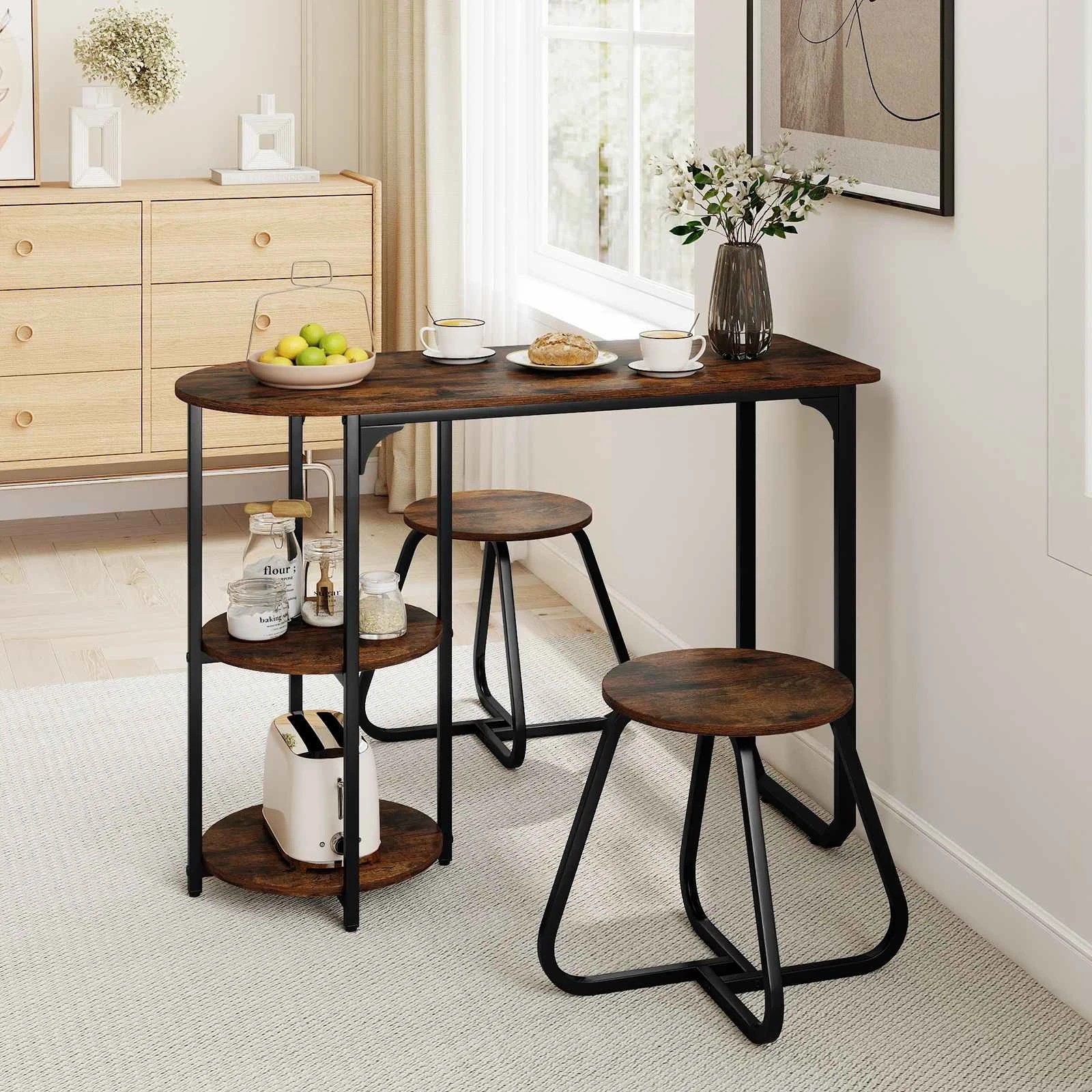 4 Costway 3PCS Kitchen Dining Table Set w/2 Stools 2-Tier Storage Shelf Metal Space Savor, 4 of 5