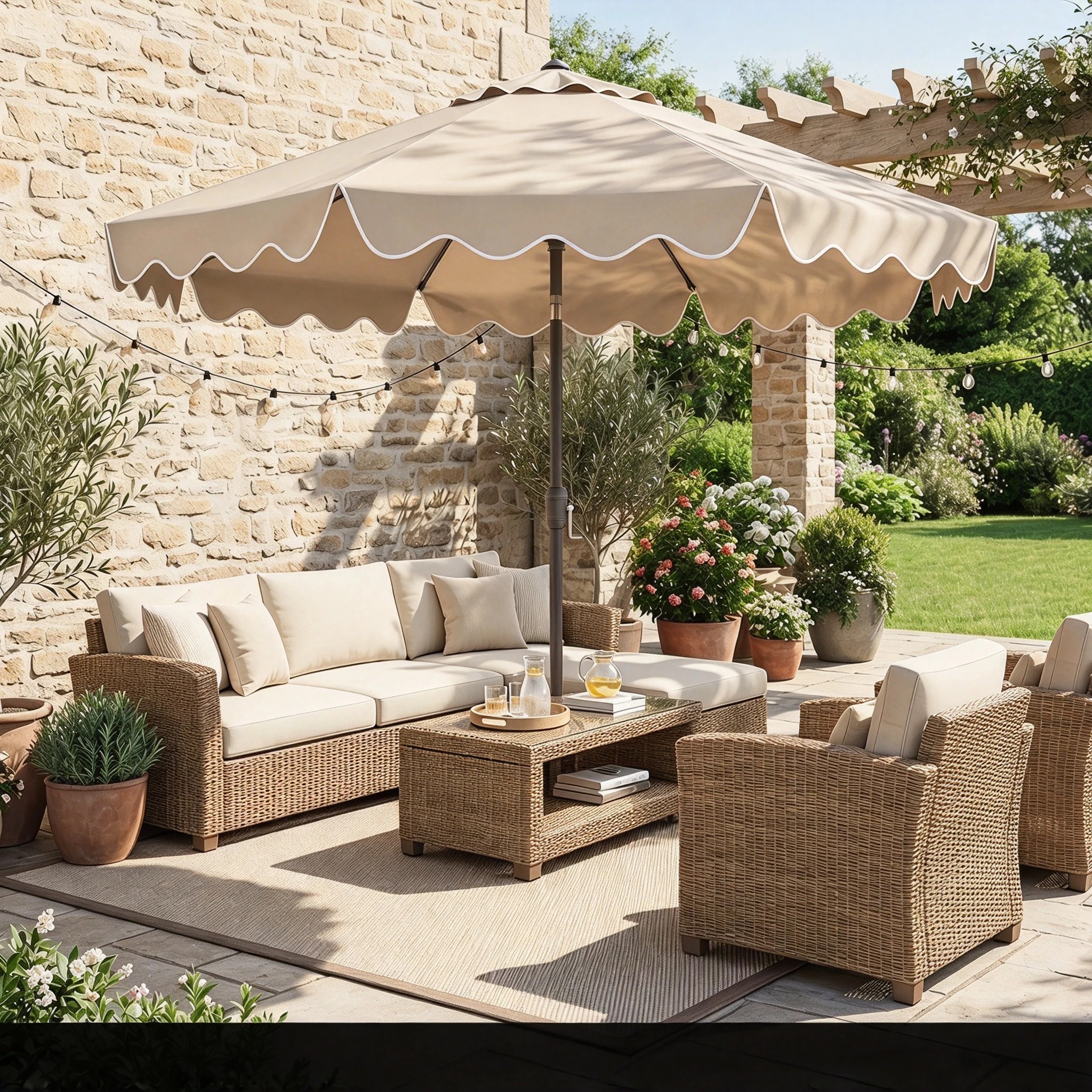 4 Costway 2.7M Patio Umbrella Tilt Metal Sun Canopy Ruffled Double-Tier Crank - Beige, 4 of 4