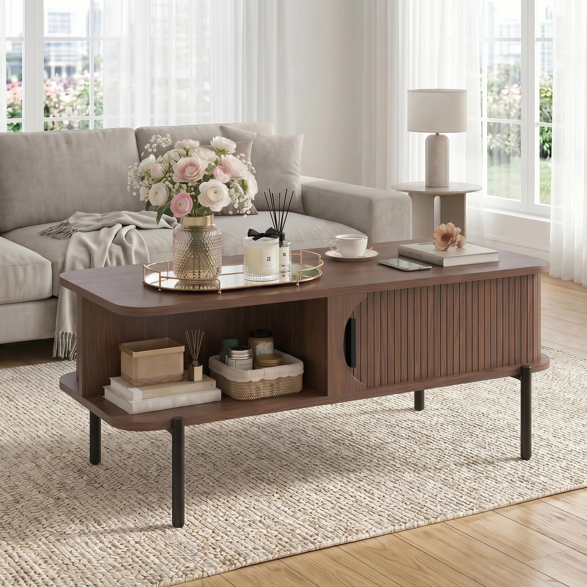 4 Advwin Coffee Table Fluted Center Table with Sliding Door - Brown, 4 of 6