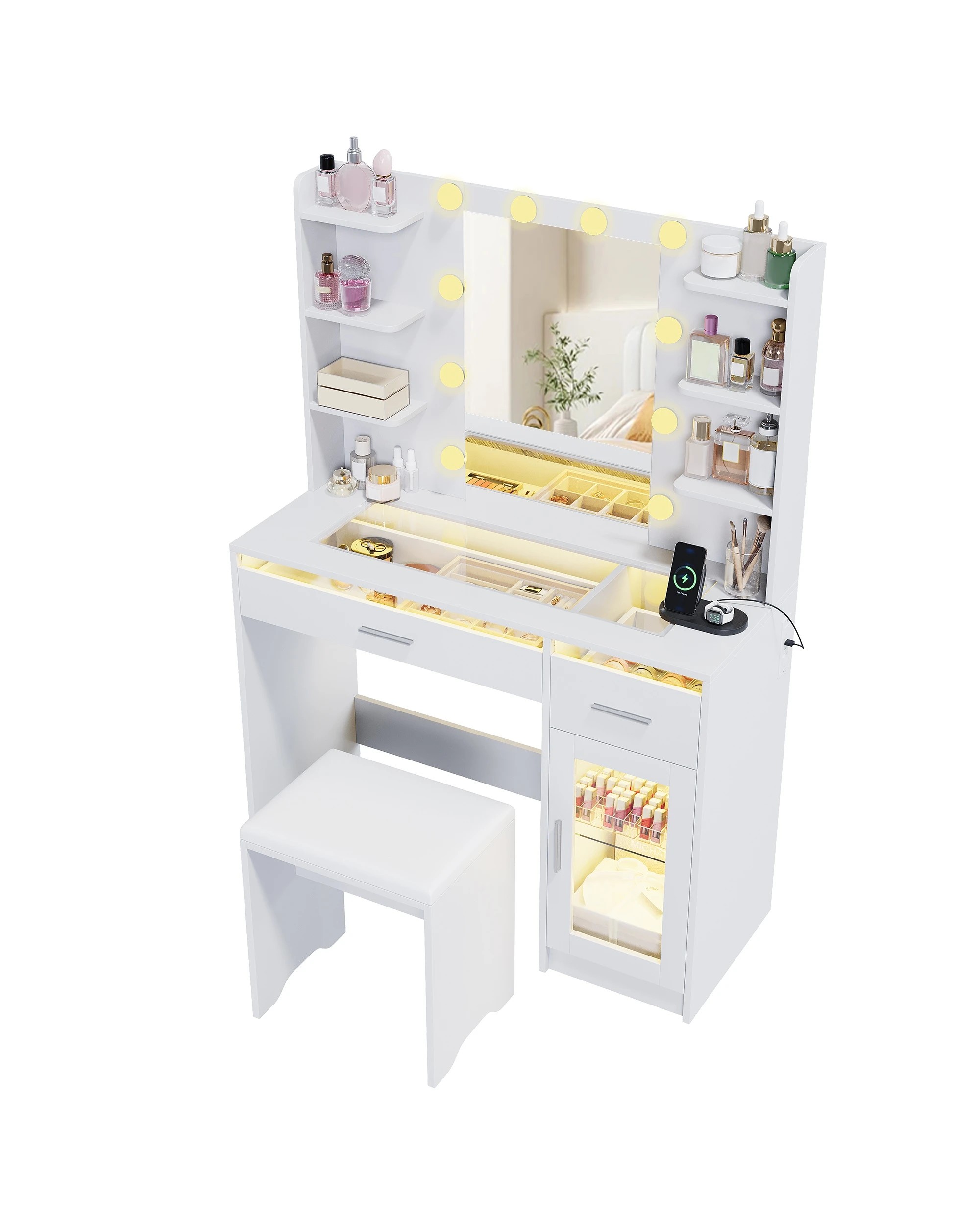 3 Advwin Dressing Table Vanity Desk with Glass Tabletop & Cabinet LED Light Charging Station - White, 3 of 9