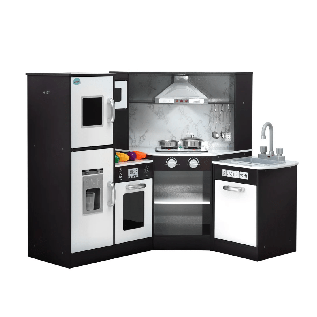 1 Keezi Kids Kitchen Play Set Wooden Pretend Cooking Playset w/Sounds Lights - Black, 1 of 6