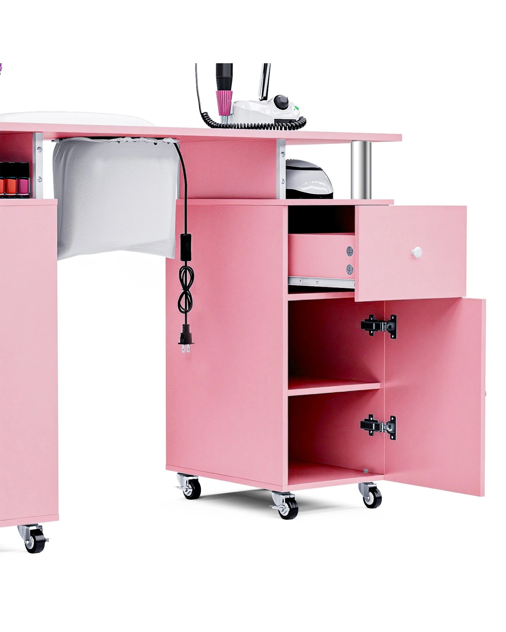 5 Advwin Manicure Table Vanity Desk for Nail Tech with Dust Collector Wrist Rest Lockable Wheels - Pink, 5 of 10