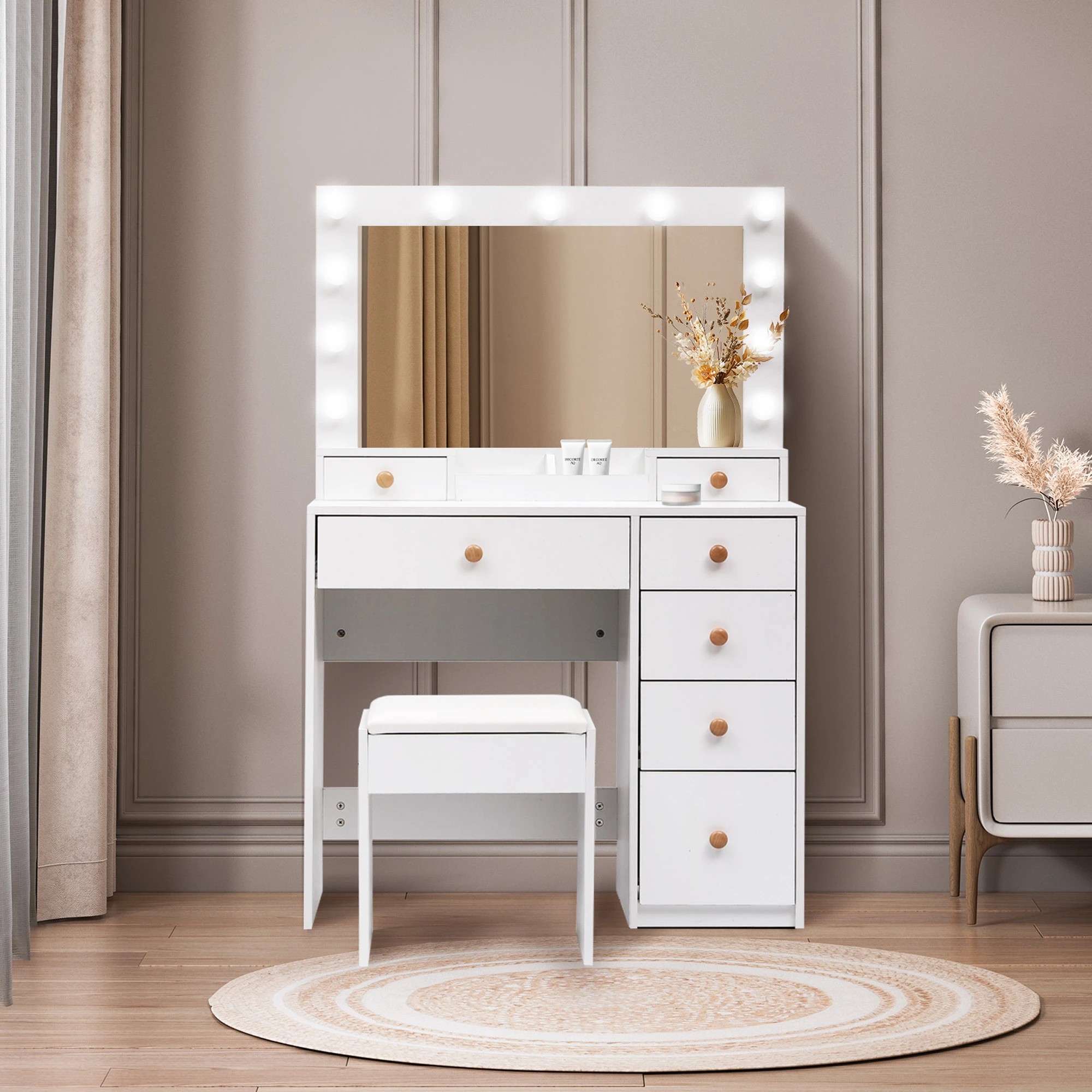 8 Levede Dressing Table Stool Set 11 Bulb Makeup Mirror Vanity Desk Cabinet White, 8 of 9