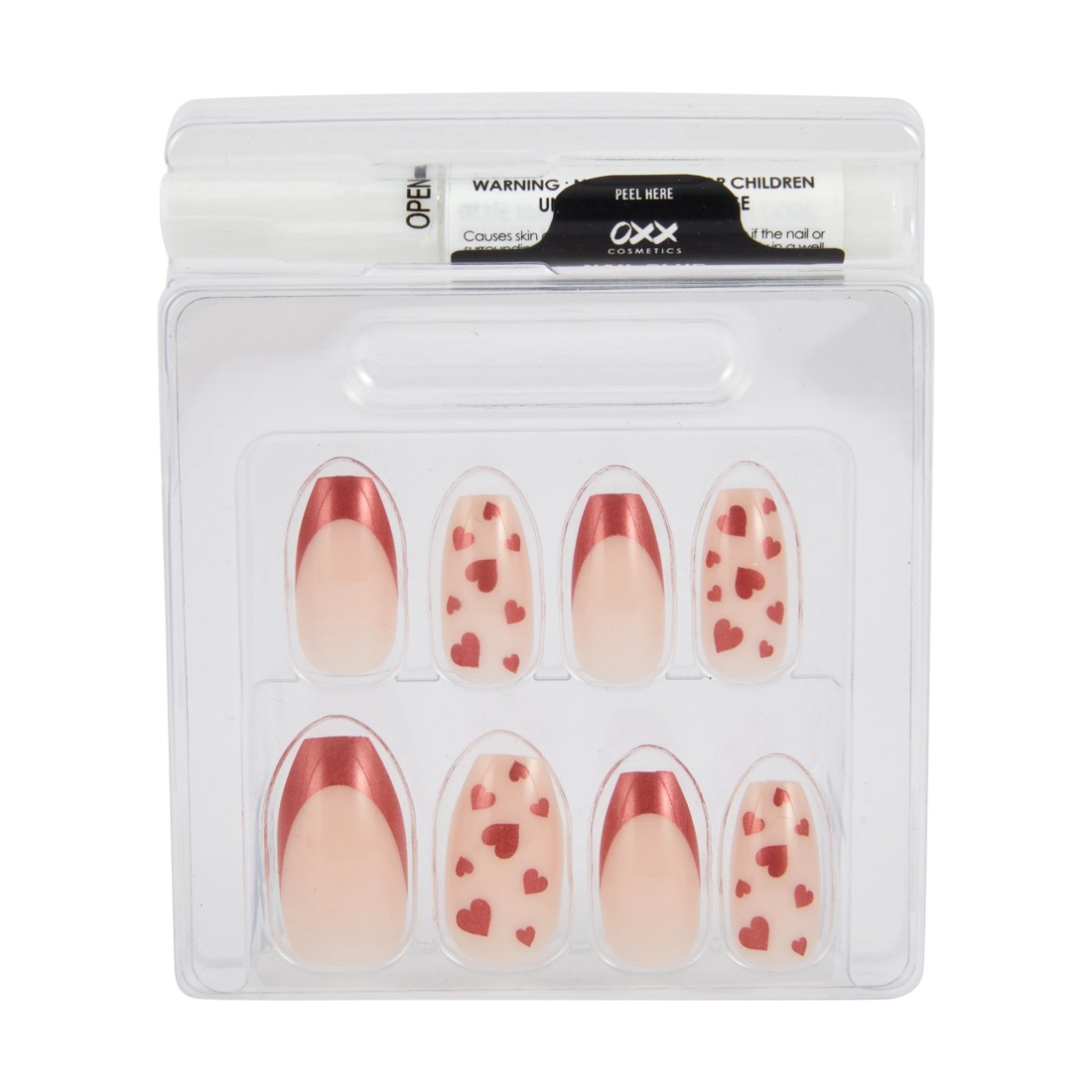3 OXX Cosmetics 24 Pack Artificial Nails with Adhesive - Coffin Shape, Red Tip Hearts, 3 of 5