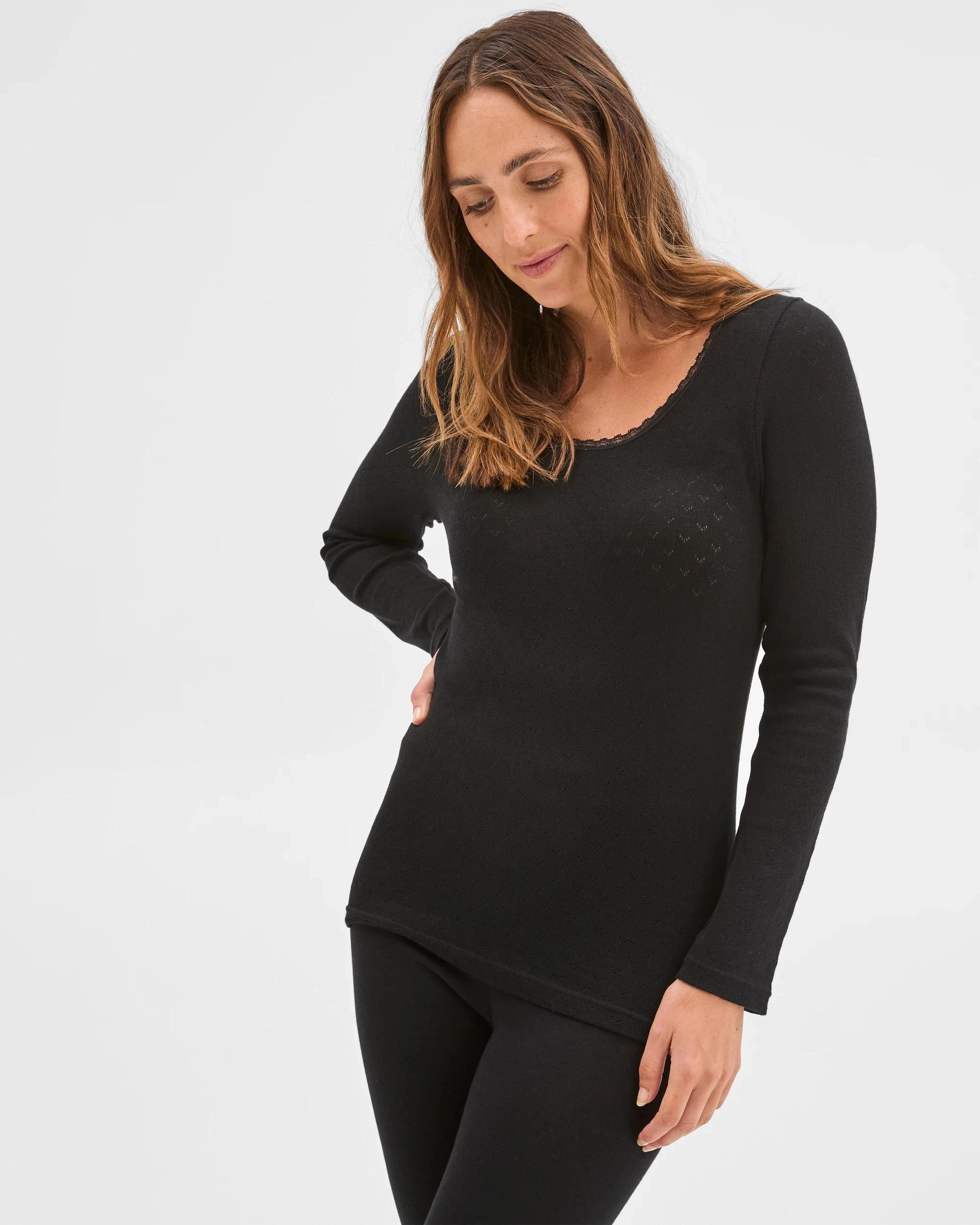2 Target Woman Long Sleeve Pointelle Thermal Top BLACK, 2 of 5