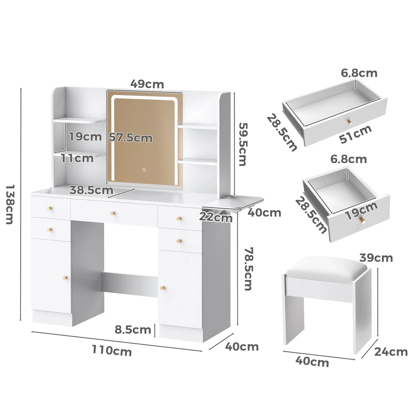 9 Alfordson Dressing Table Stool Set Makeup Mirror LED Vanity 5 Drawers - White, 9 of 9
