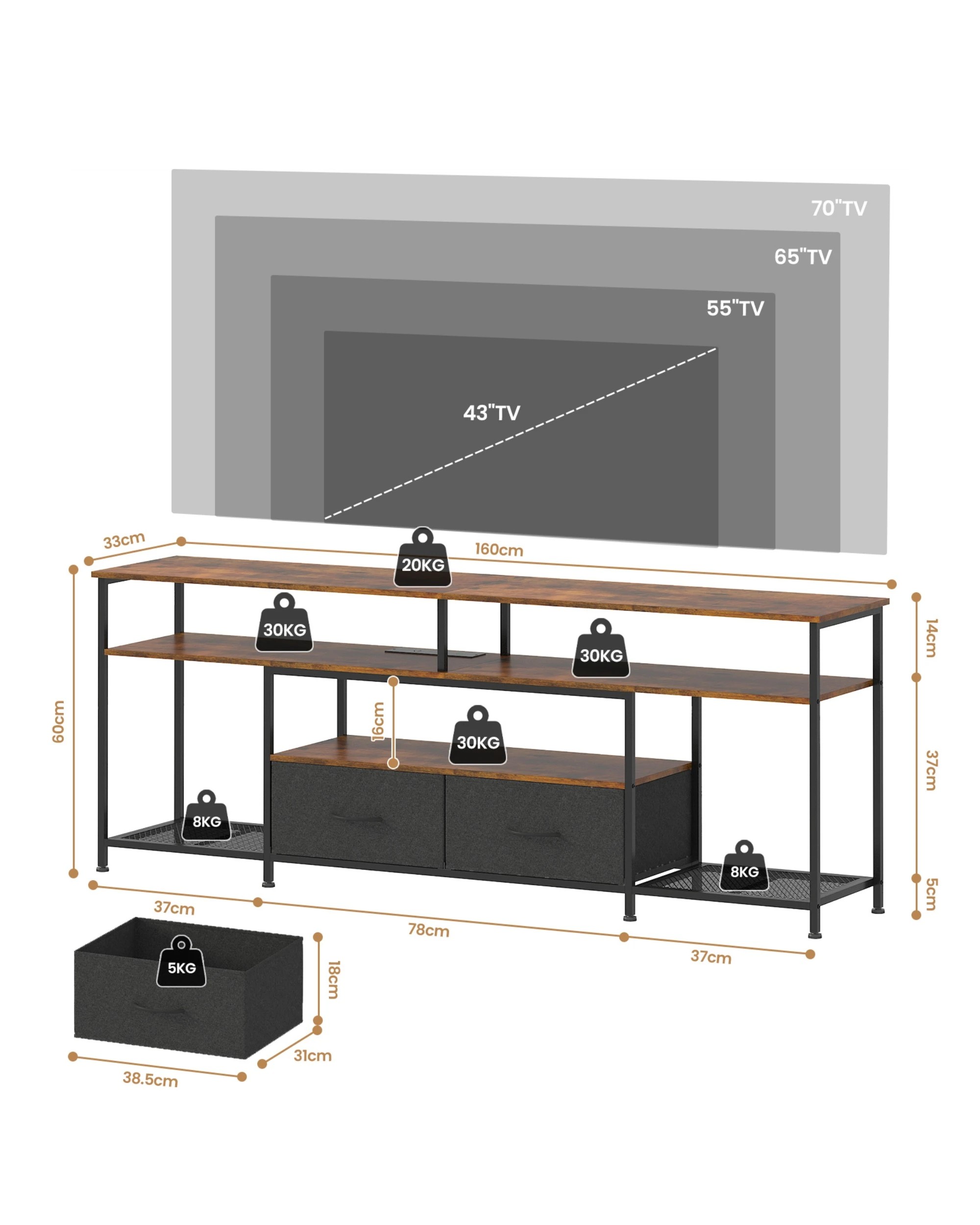 2 Advwin TV Cabinet 160cm LED Entertainment Unit Stand w/ Charging Station Media Console Table w/ Shelf & Drawer, 2 of 8