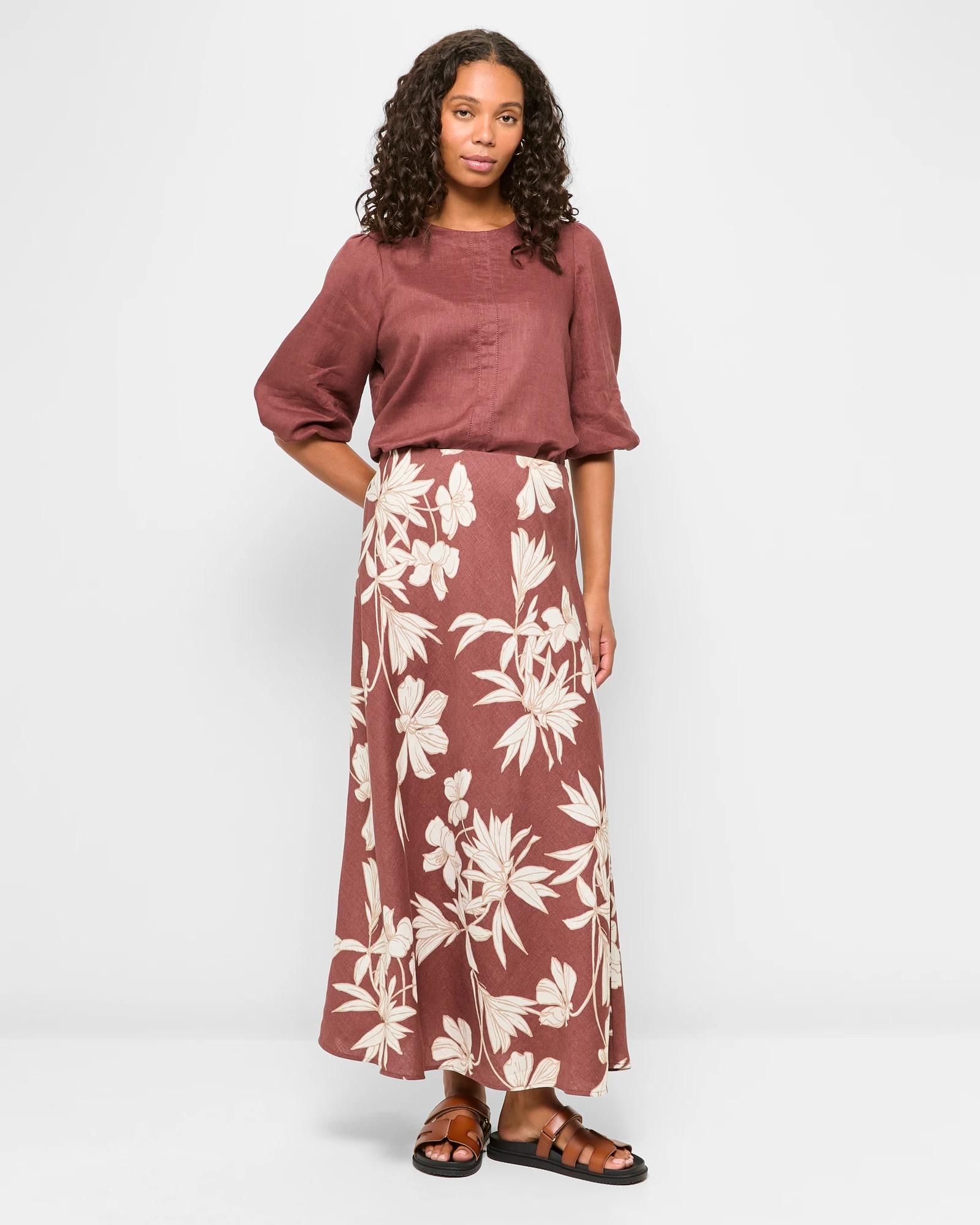 1 Target European Linen Bias Cut Midi Skirt STENCIL FLORAL, 1 of 6