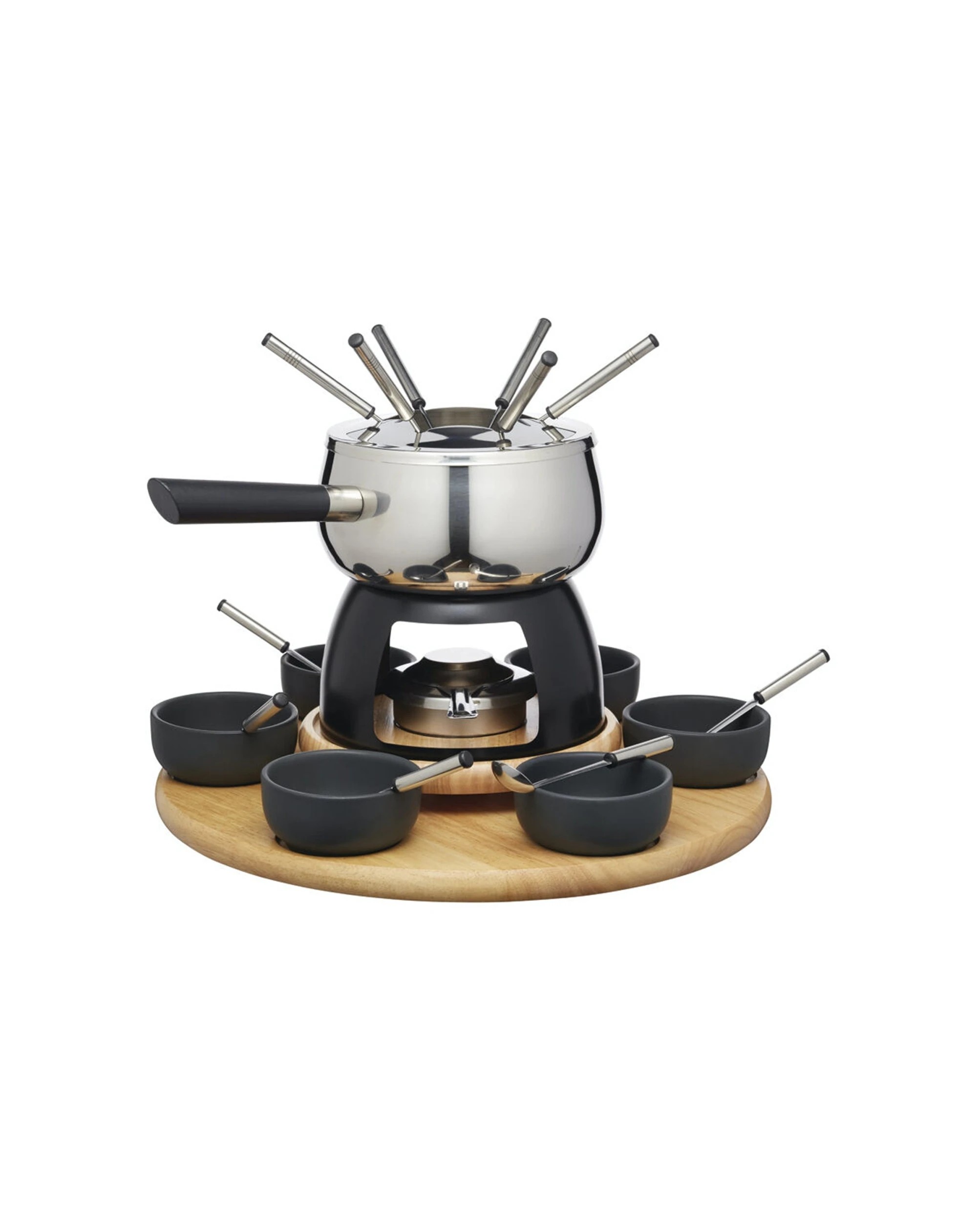 1 Artesa Six Person Party Entertaining Fondue Set W Wooden Base Serving Bowls - Silver, 1 of 3