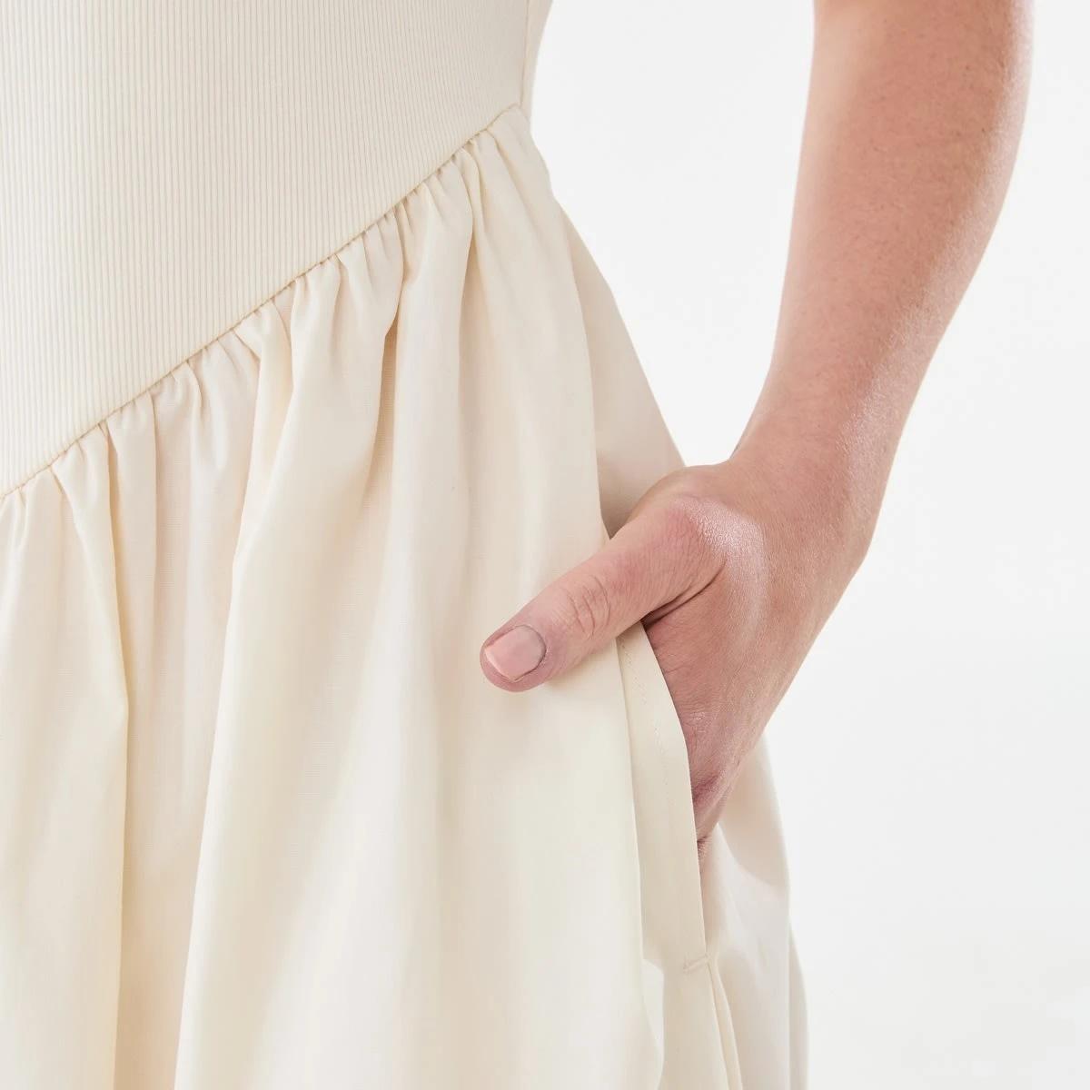 6 Short Sleeve Knit Woven V-Waist T-shirt Midi Dress Bge Cream, 6 of 7