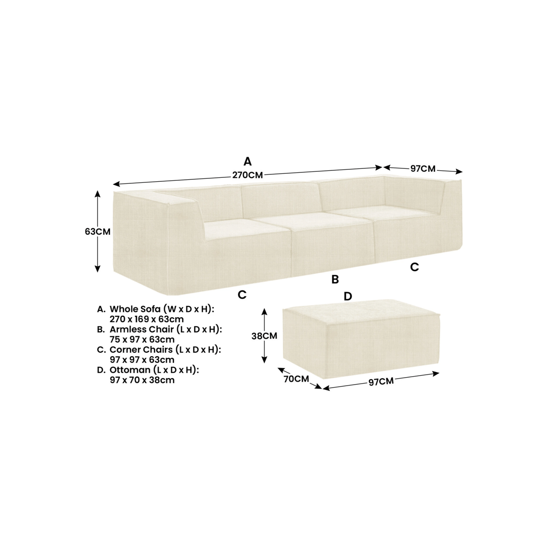 4 Sarantino Novi 3-Seater Modular Sofa with Ottoman in Cream Non-Slip Bottom Lounge, 4 of 10