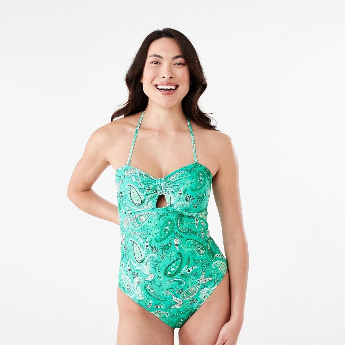 1 Knot Front One Piece Swimsuit GREEN PAISLY CABANA GREEN, 1 of 8