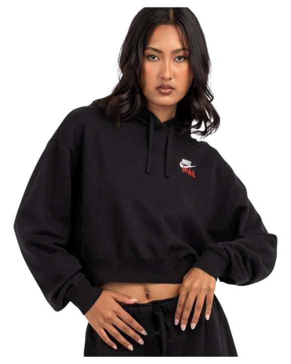 Nike Womens Sportswear Club Fleece Black Oversized Cropped Pullover Hoodie