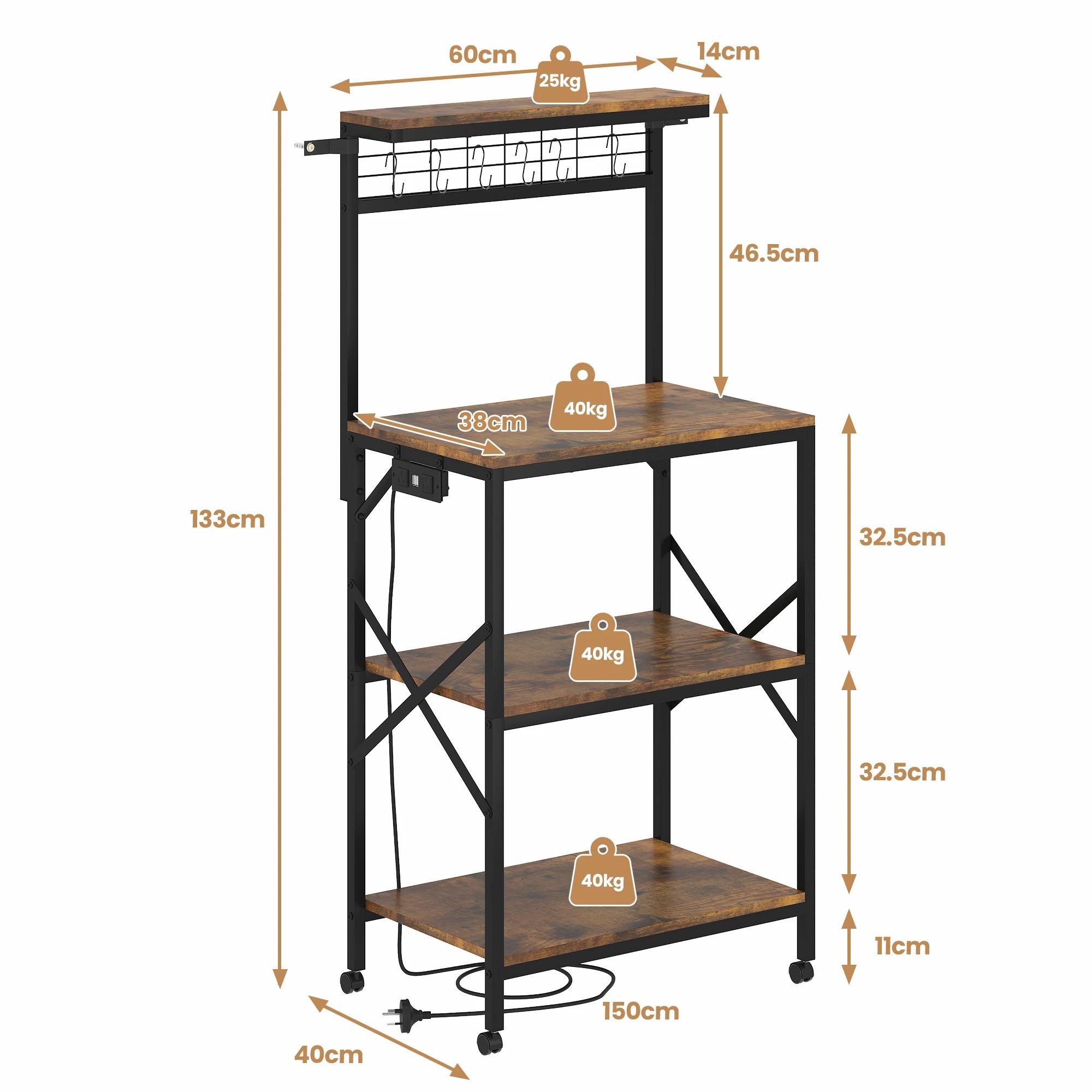 2 Advwin 4 Tiers Kitchen Bakers Rack With Power Outlet 60×40×130cm - Brown, 2 of 9