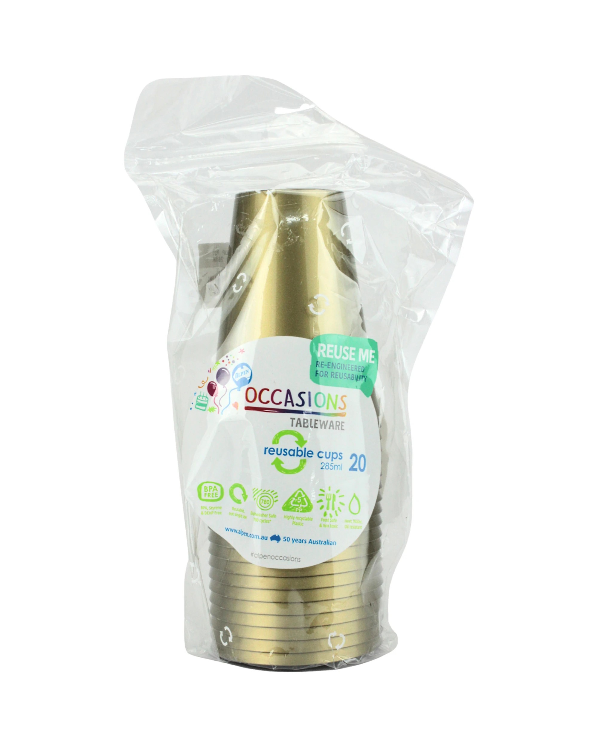 2 Alpen Reusable Cups 285ml Pack of 20 - Gold - Gold, 2 of 3