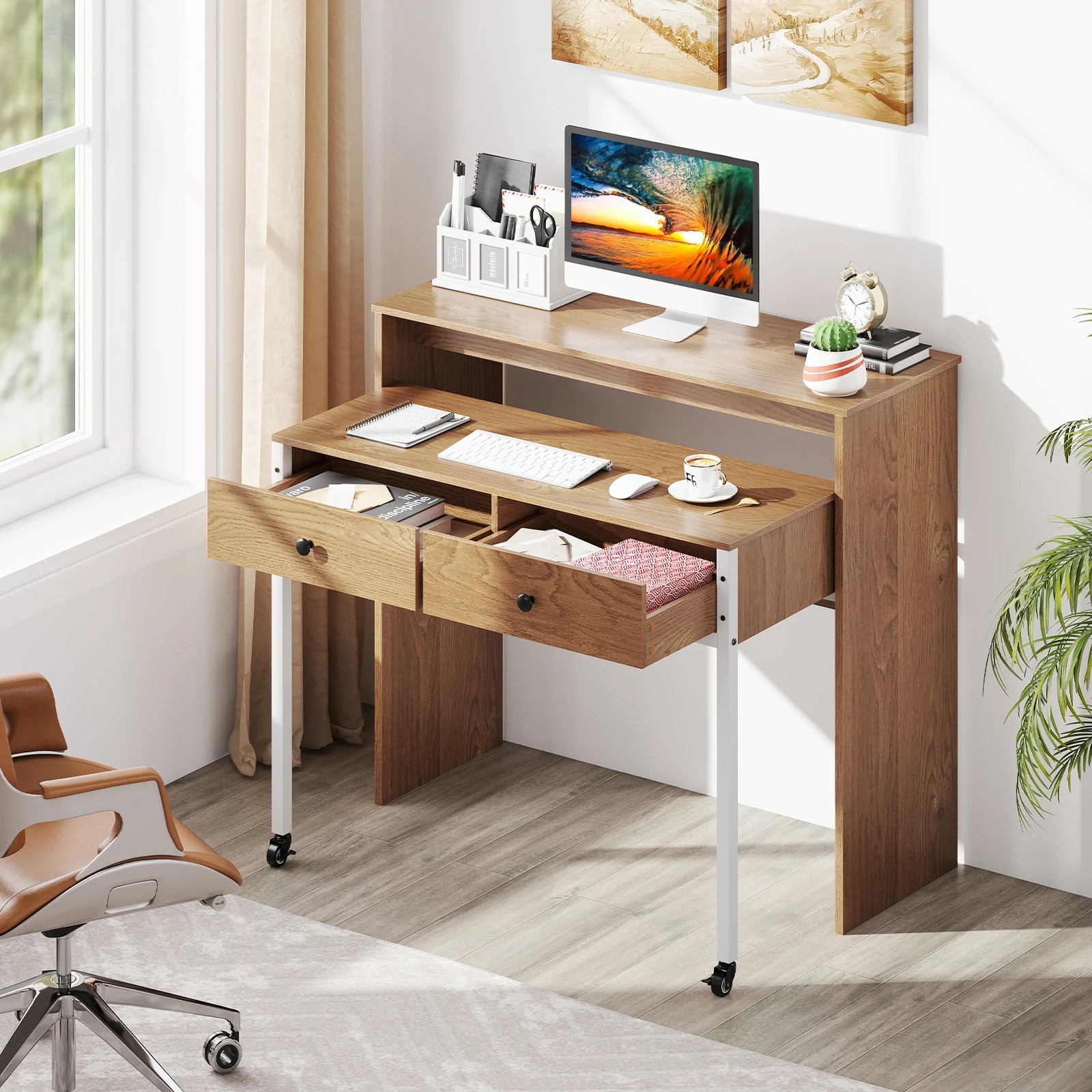 3 Costway Extendable Computer Desk w/2 Drawers Convertible Home Office Desk, 3 of 6