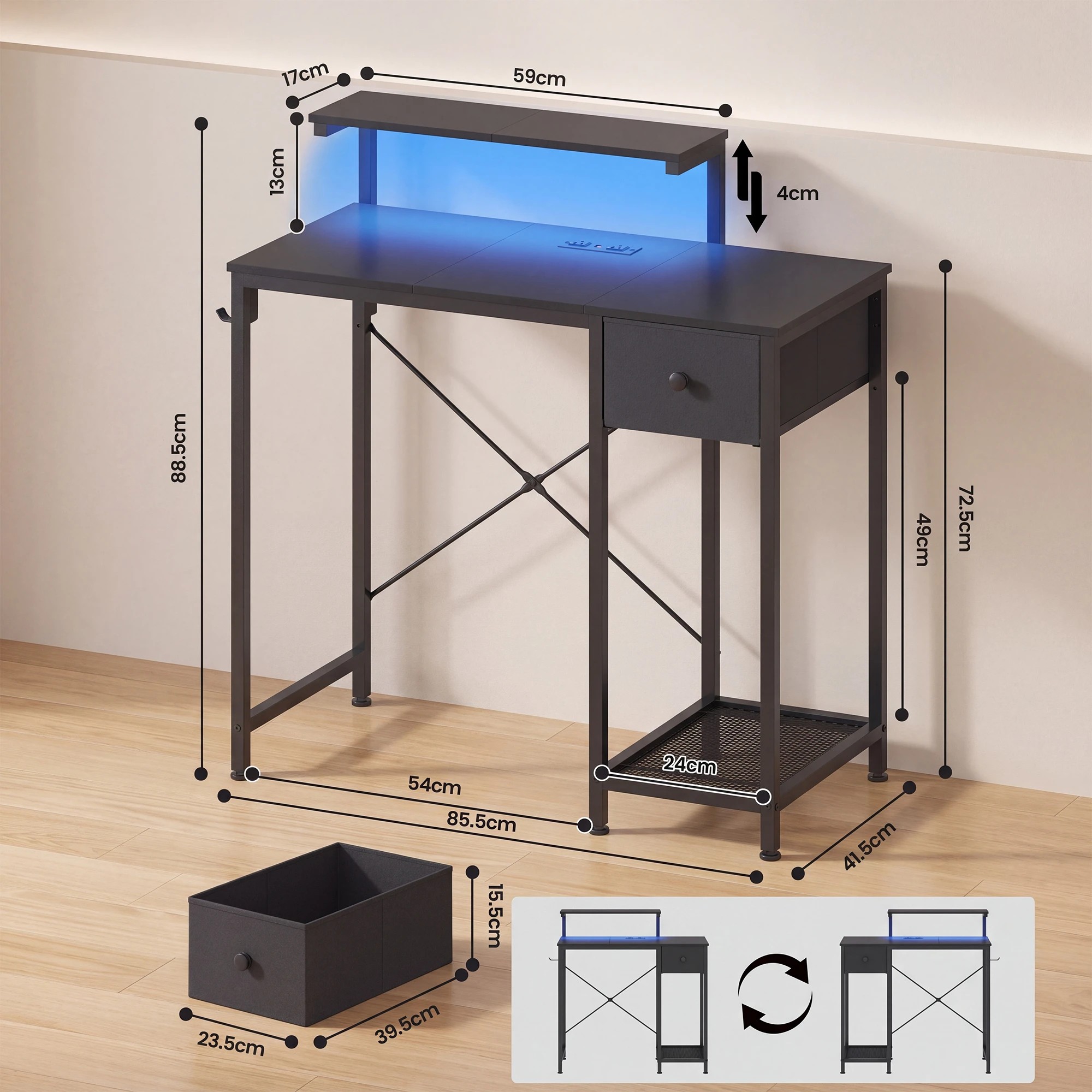 2 Advwin LED Gaming Desk with Adjustable Monitor Stand and Power Outlets Computer Desk with Reversible Shelf - Black, 2 of 9