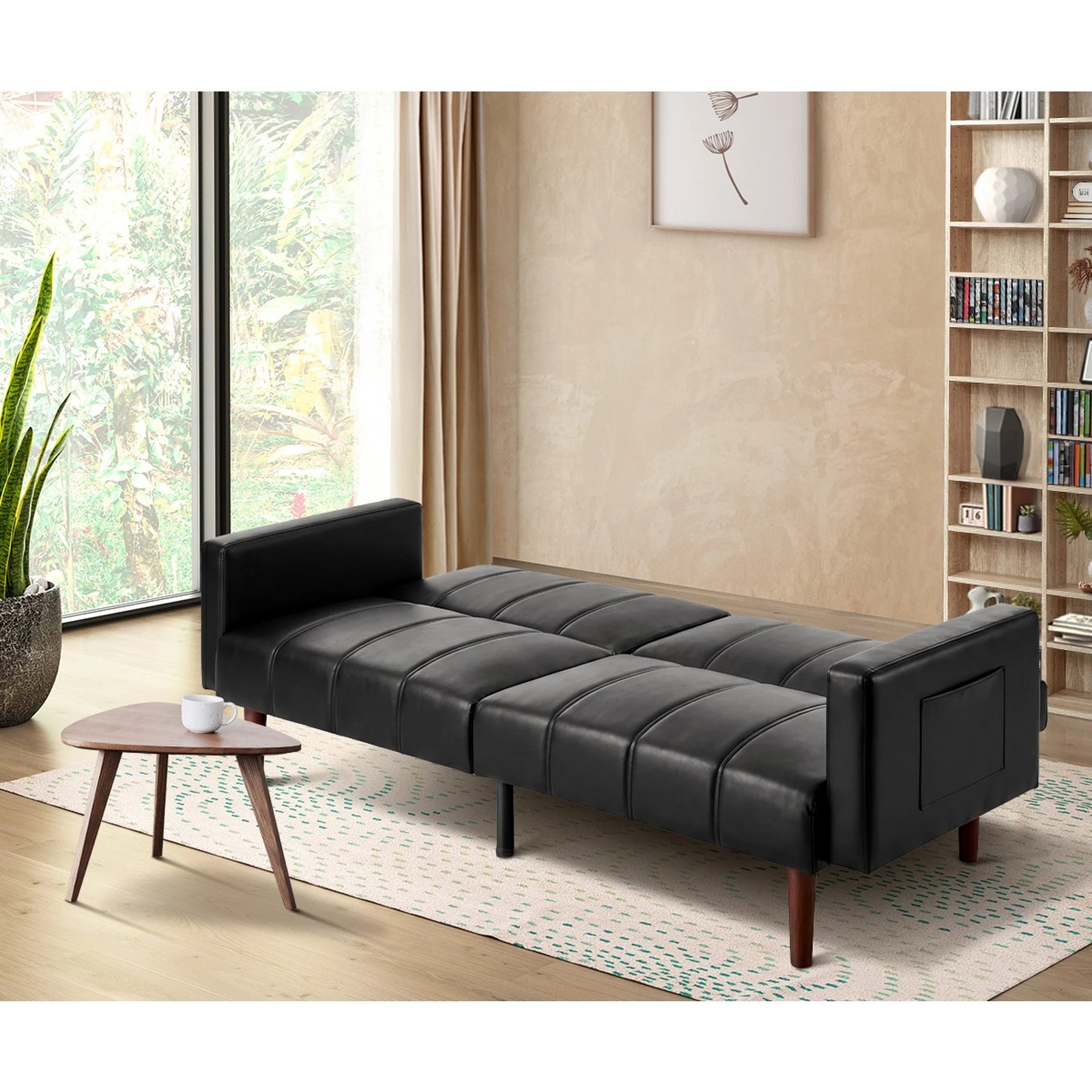 4 Oikiture 3 Seater Sofa Bed Sleeper Futon Faux Leather - Black, 4 of 10