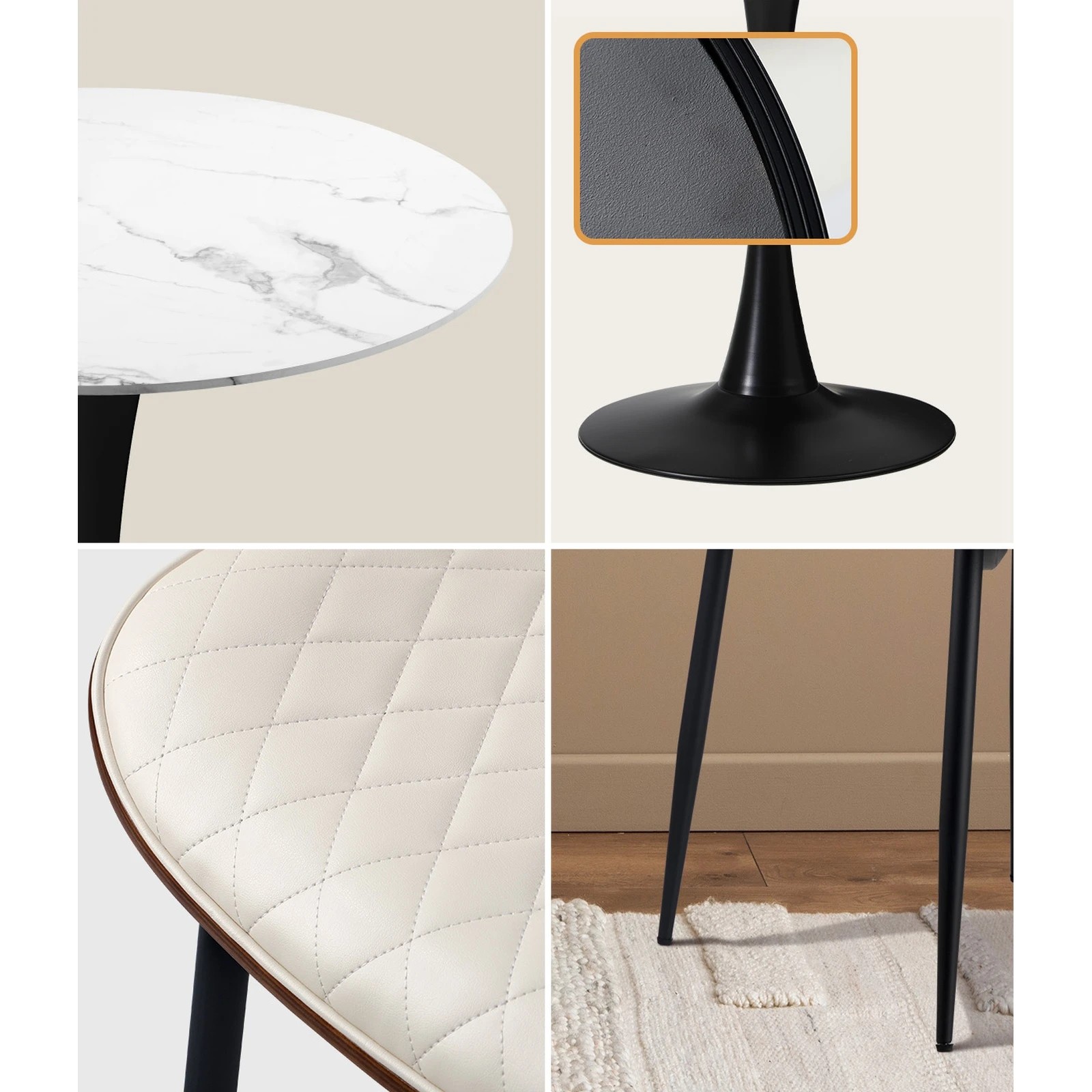 5 Oikiture Dining Table Set 90cm Round Dining Table and Chairs PU Leather -White&Black, 5 of 9