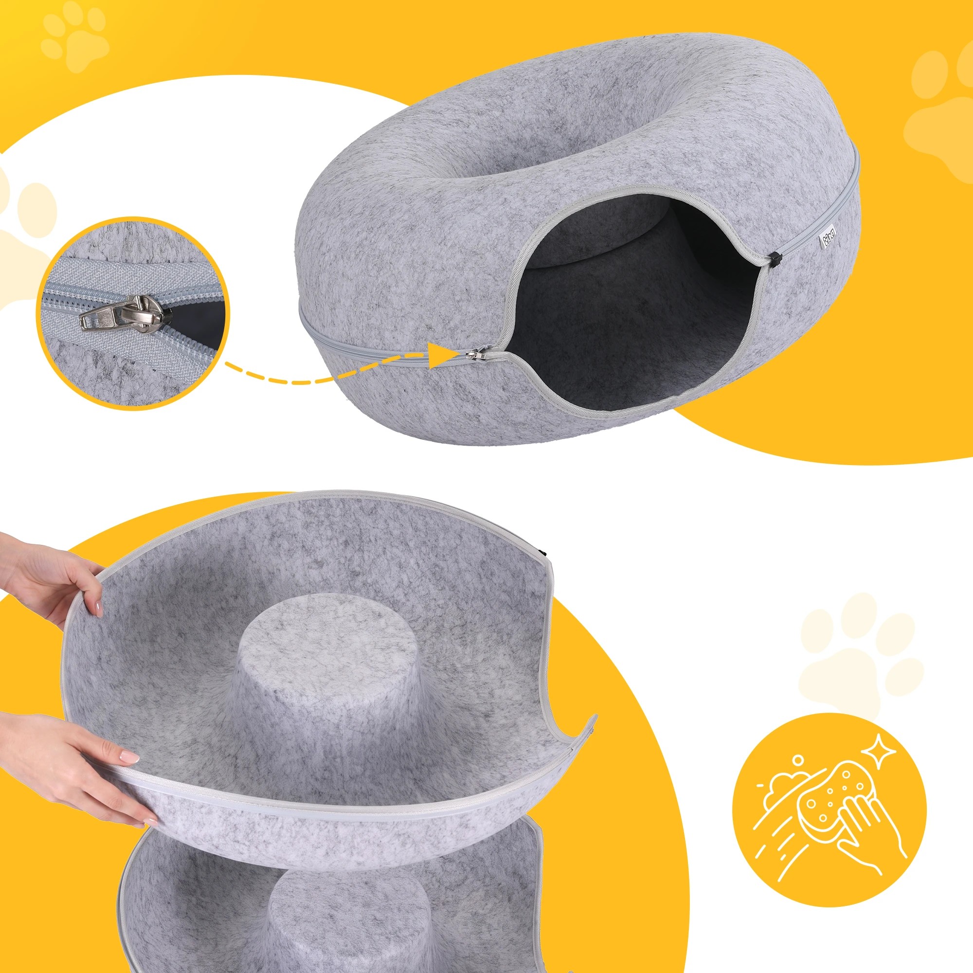 7 i.Pet Cat Bed with Cat Tunnel 60x28CM Donut Bed Felt Cave Hideaway Detachable - Grey, 7 of 8