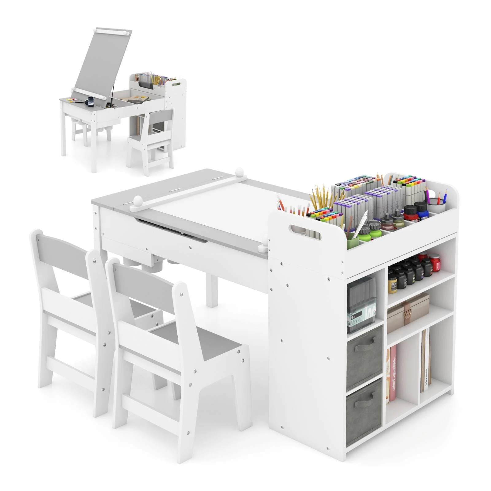 1 Costway Art Table & 2 Chairs w/Paper Roll Craft Drawing Desk - Grey, 1 of 1