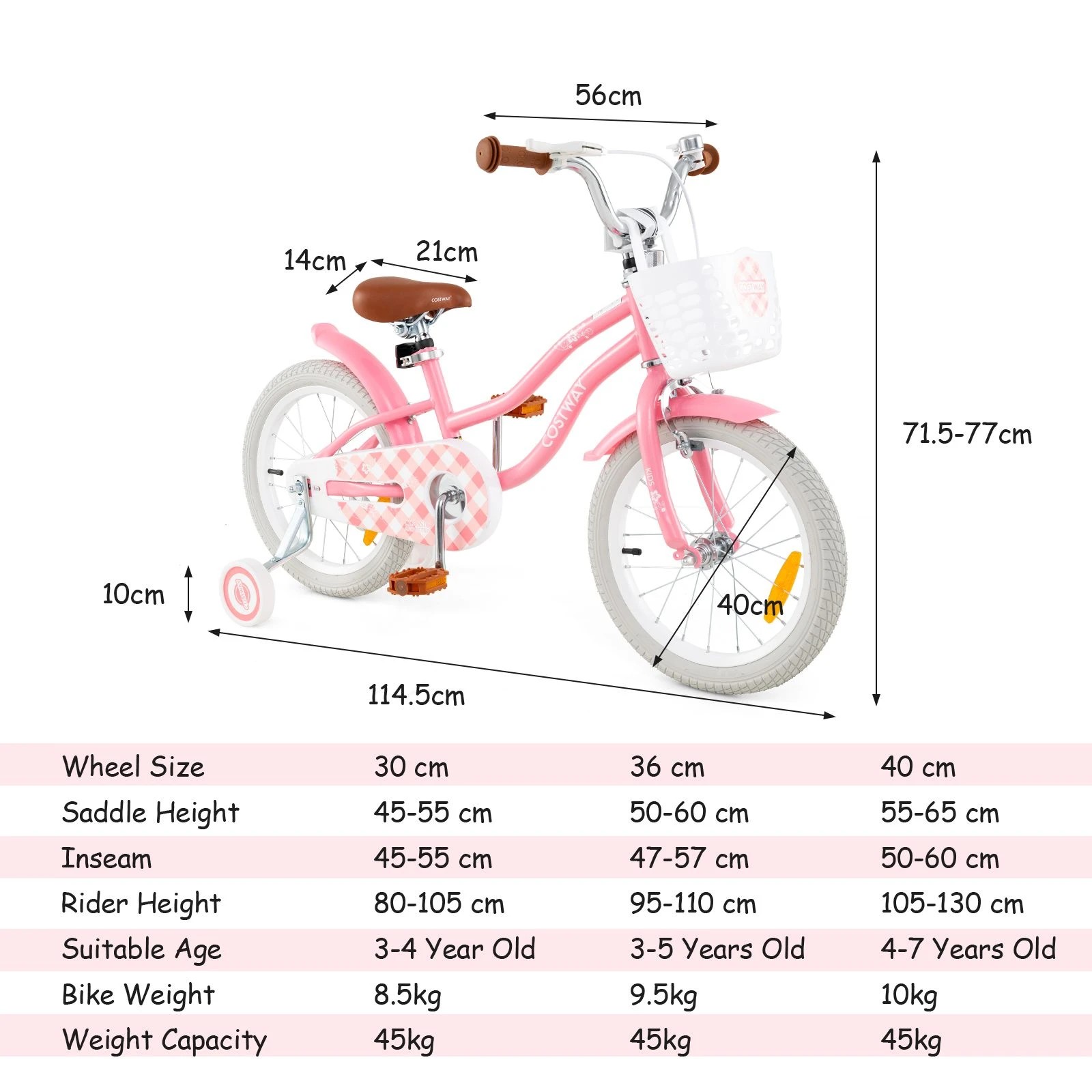 2 Costway 40cm Kids Bike Training Bicycle w/Detachable Training Wheels & Adjustable Saddle - Pink, 2 of 3