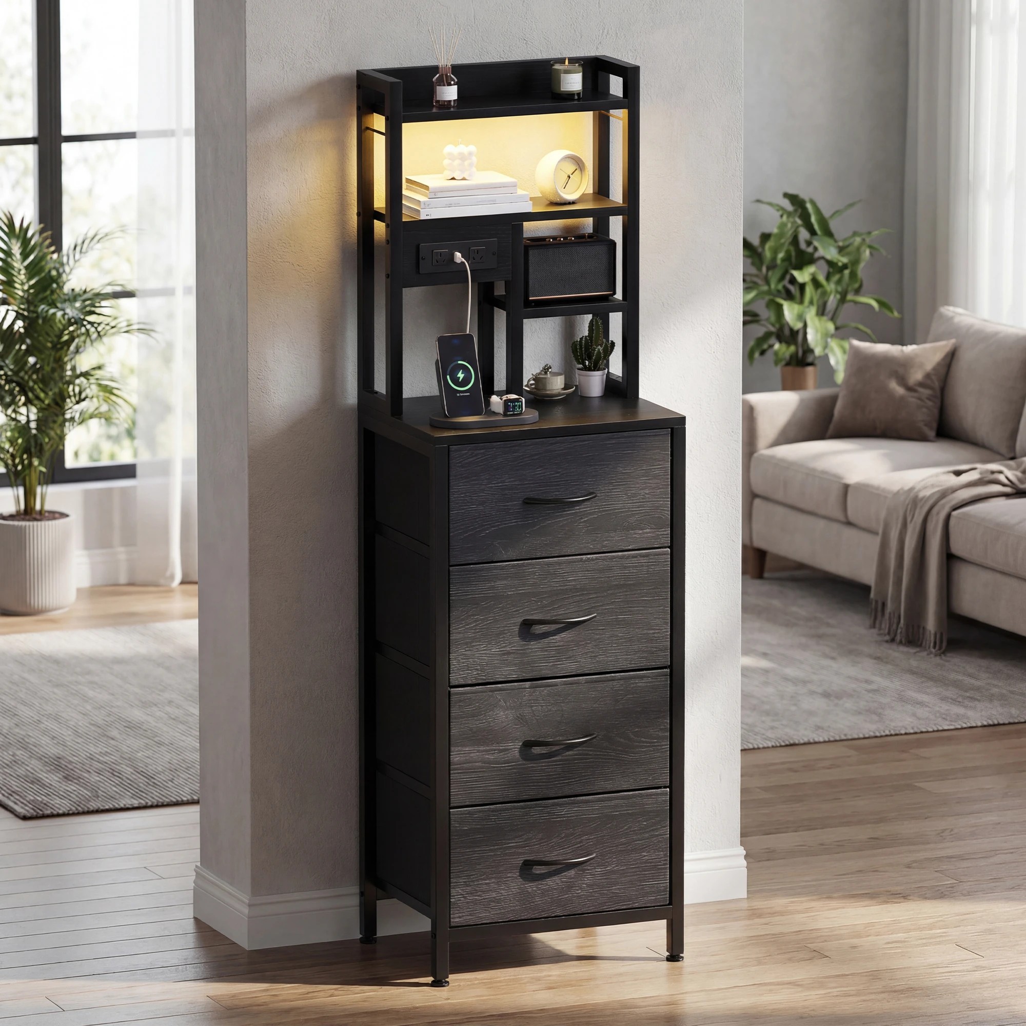 8 Advwin LED Tall Bedside Table with Charging Station 4 Drawers Open Shelves - Black, 8 of 9