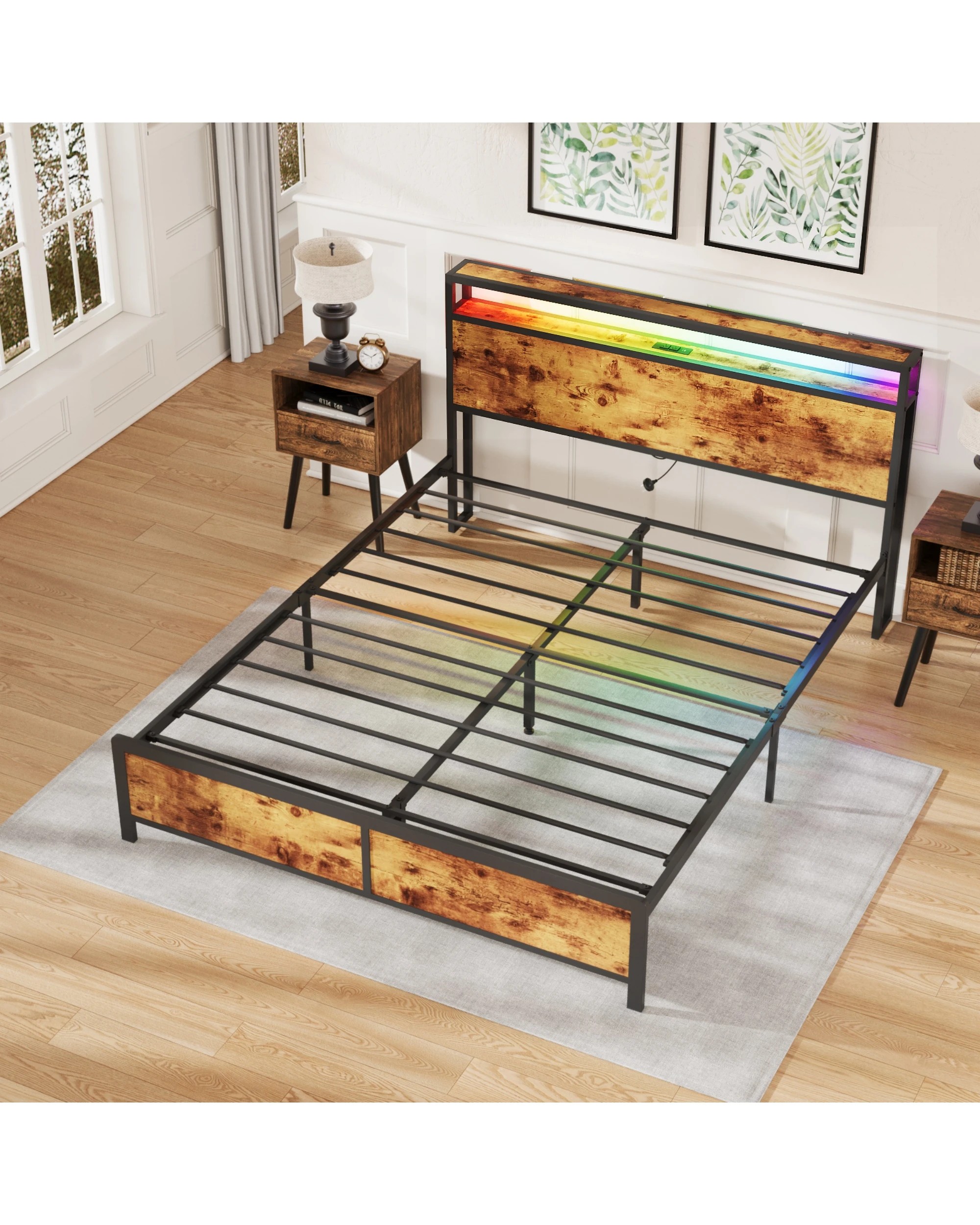 2 Advwin Queen Bed Frame With Charging Station & Rgb Led Lights Storage Headboard, 2 of 8