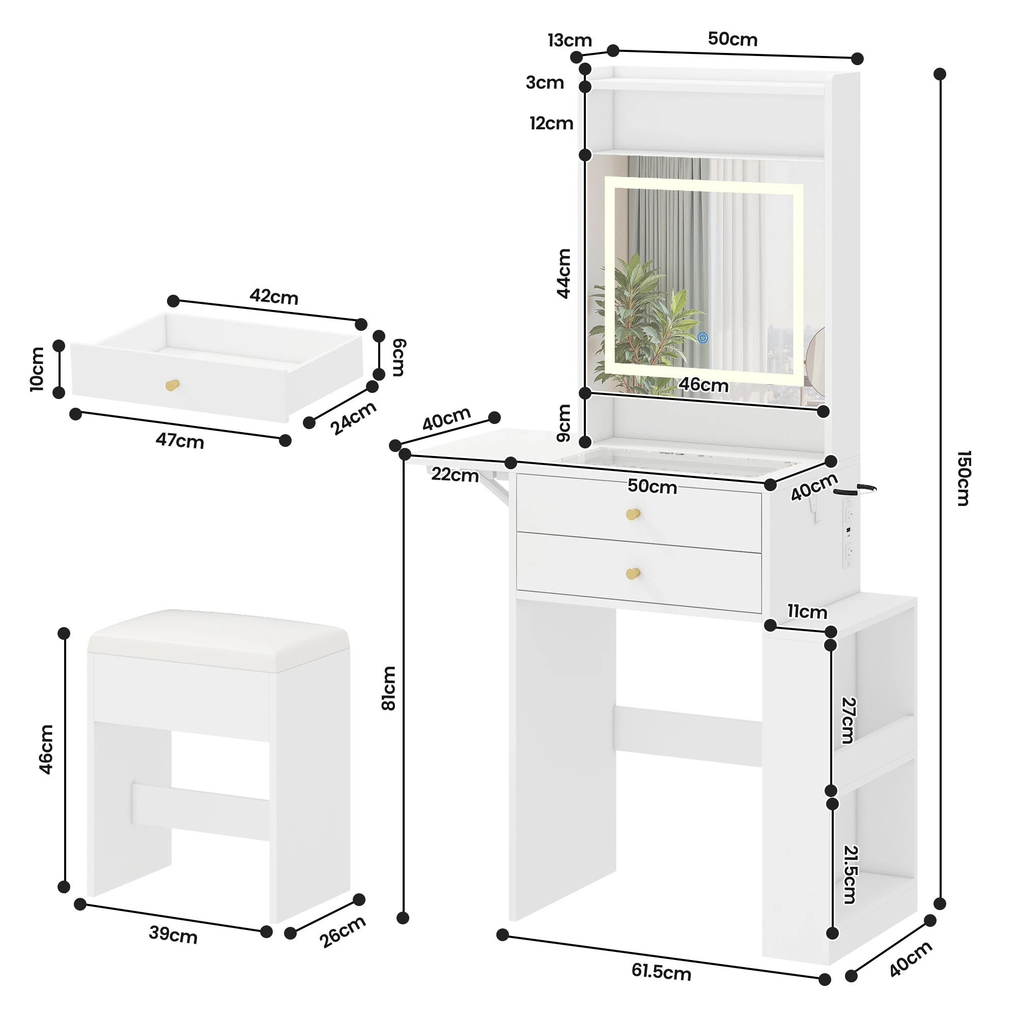 3 Advwin Dressing Table Stool w/ Glass Desktop Side Storage & Charging Station - White, 3 of 10