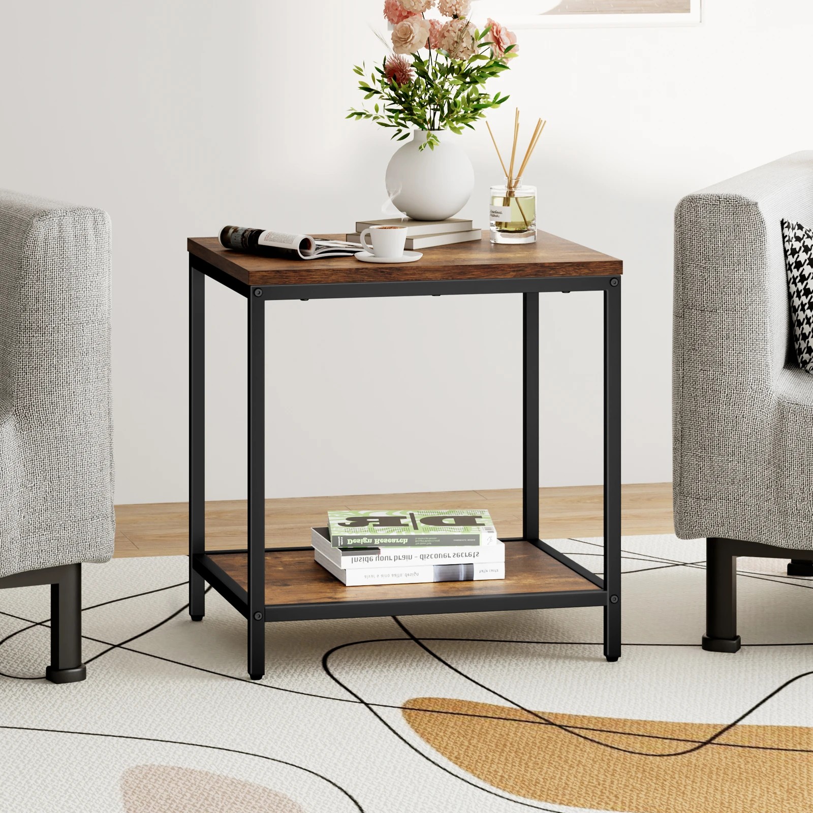 7 Alfordson Coffee Table 2-tier Side Table Industrial - Oak, 7 of 9