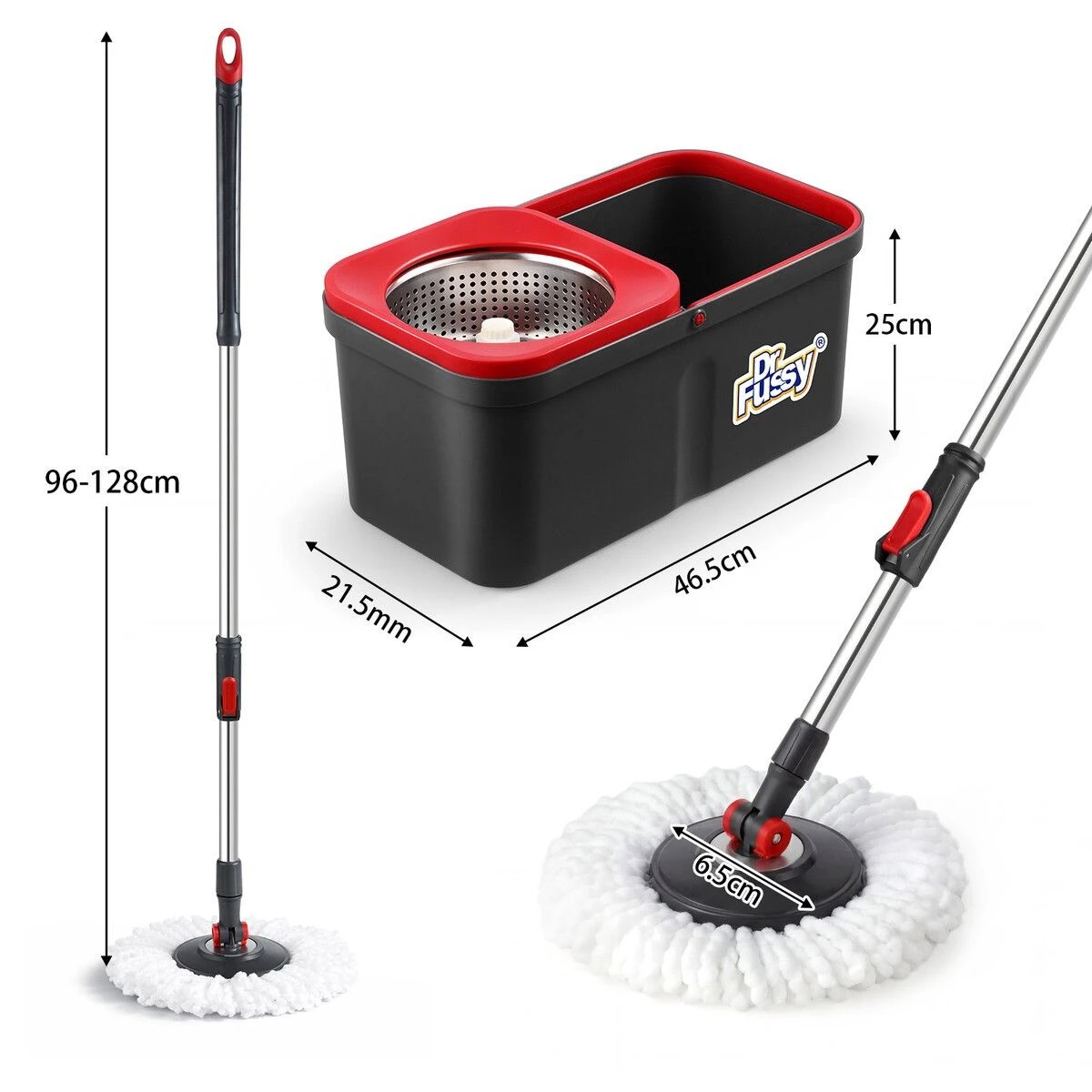 2 Dr FUSSY Spin Mop and Bucket Set Tile Hard Wood Floor Cleaner 4 Microfibre Heads, 2 of 3