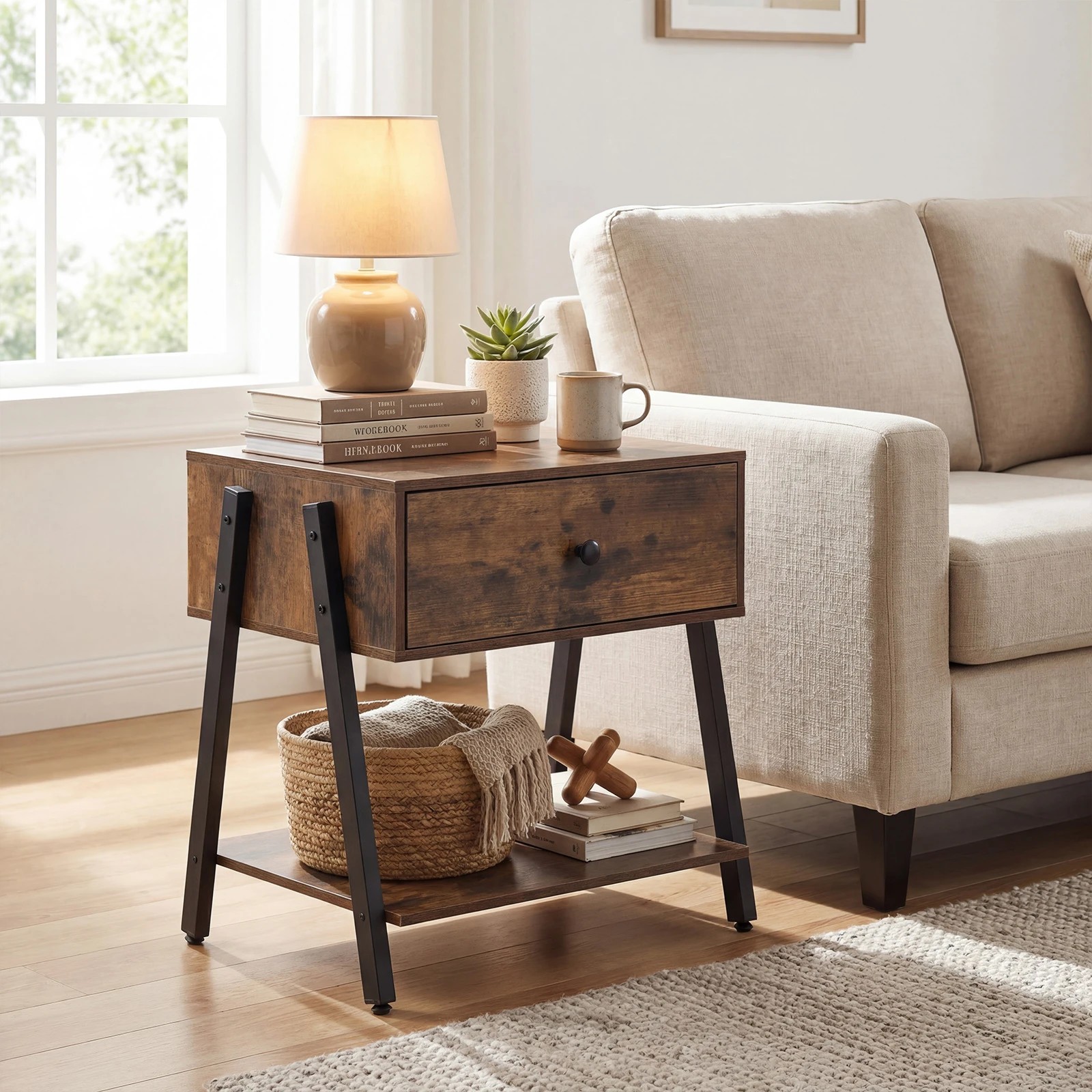 4 Costway Industrial Nightstand w/Drawer Wooden Bedside End Table, 4 of 6