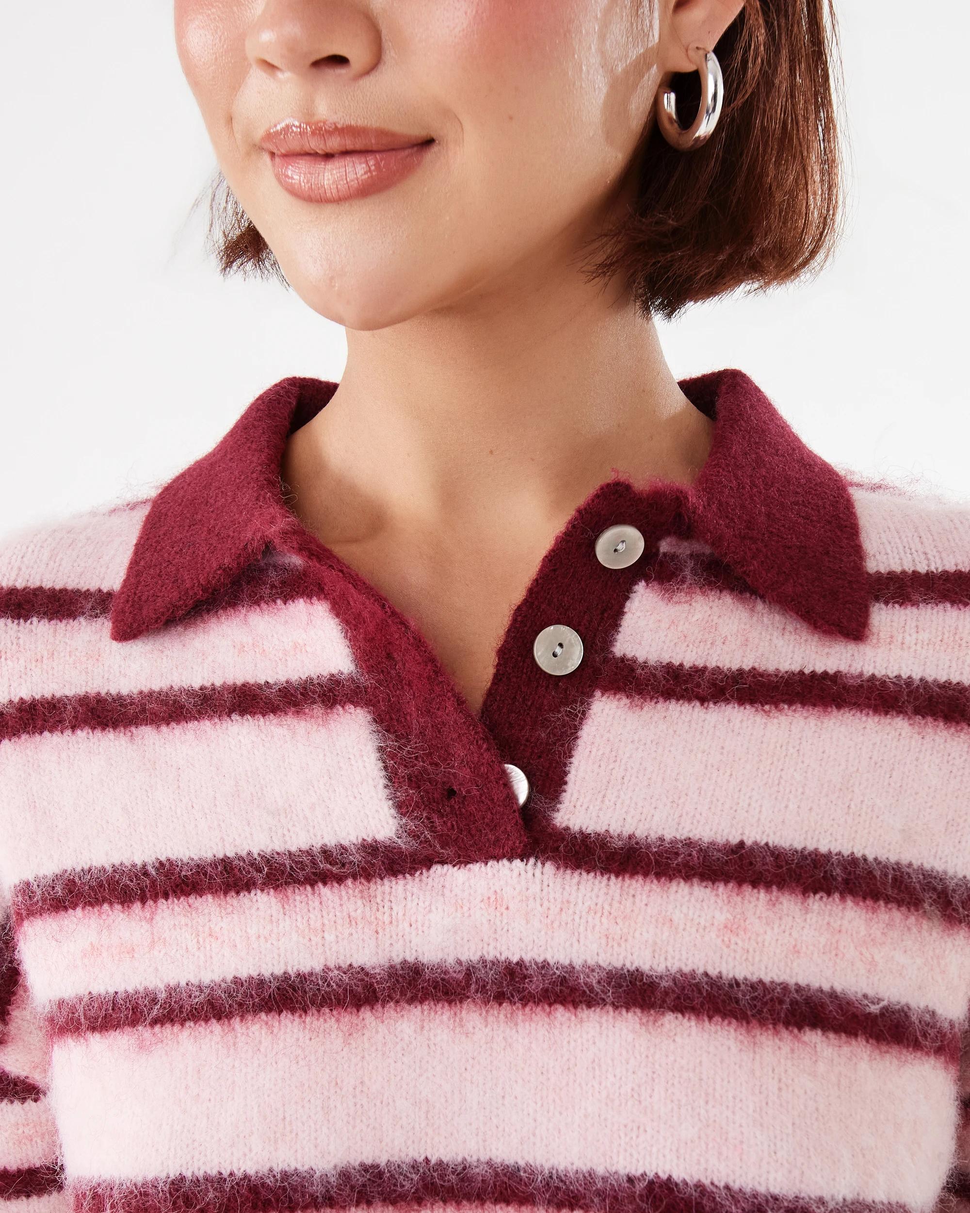 6 Long Sleeve Fluffy Polo Jumper Pnk Stripe, 6 of 8