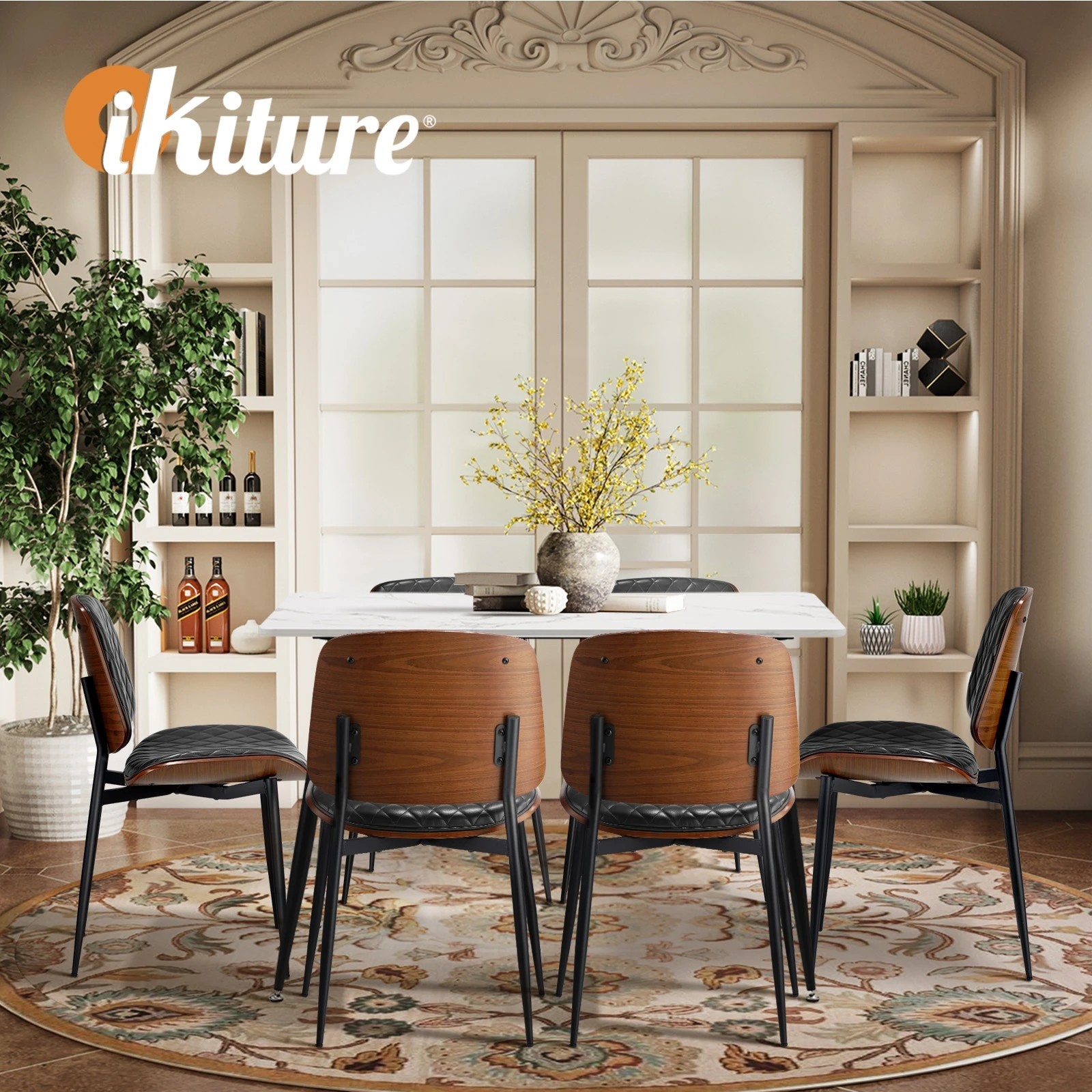 6 Oikiture 120cm Rectangle Dining Table with 6PCS Dining Chairs PU - Black, 6 of 9