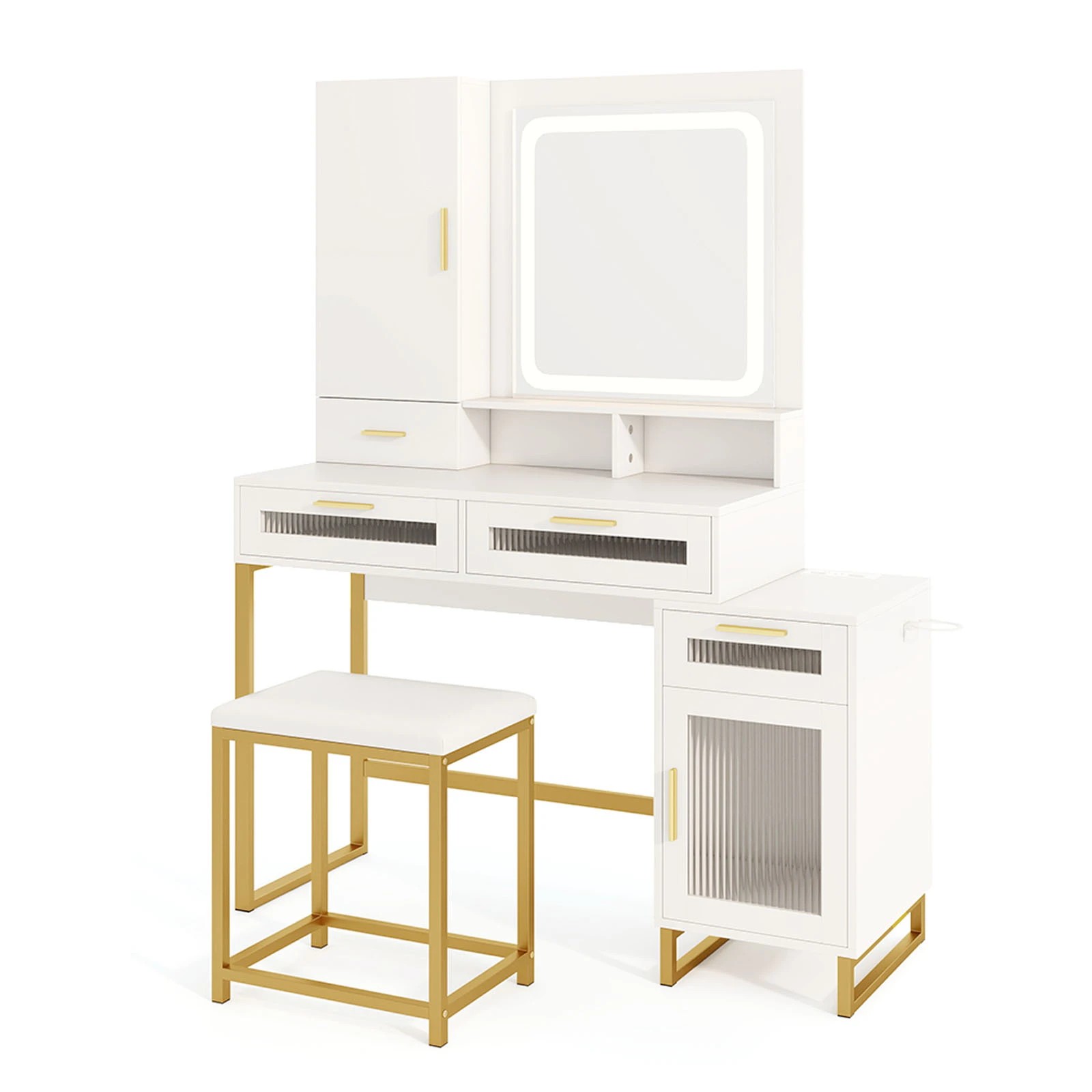 1 Costway 3-Color LED Vanity Dressing Table Stool w/Charging Station & Jewelry Cabinet, 1 of 4