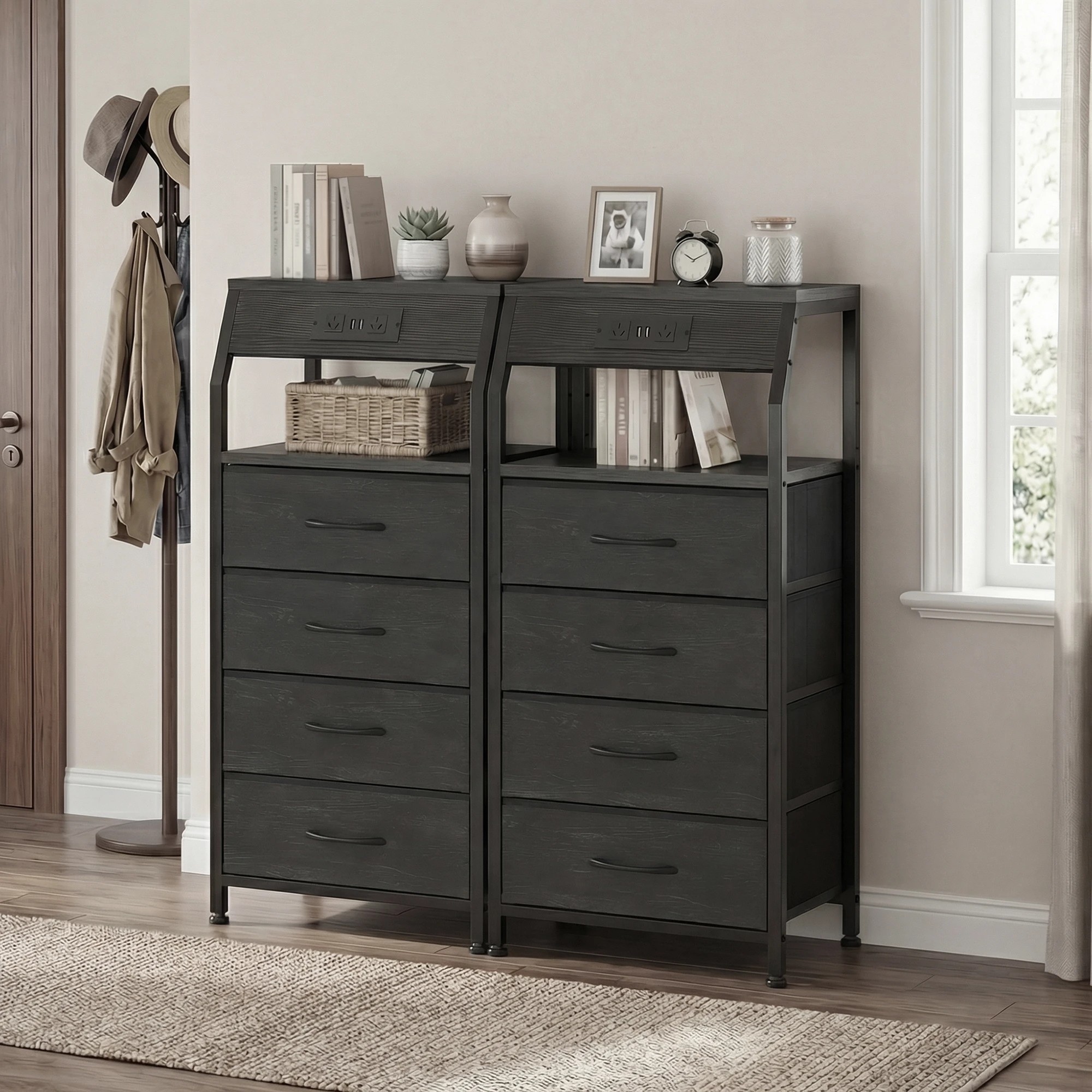 7 Advwin Set of 2 Bedside Table with Charging Station 4 Fabric Drawers Nightstand - Black, 7 of 10
