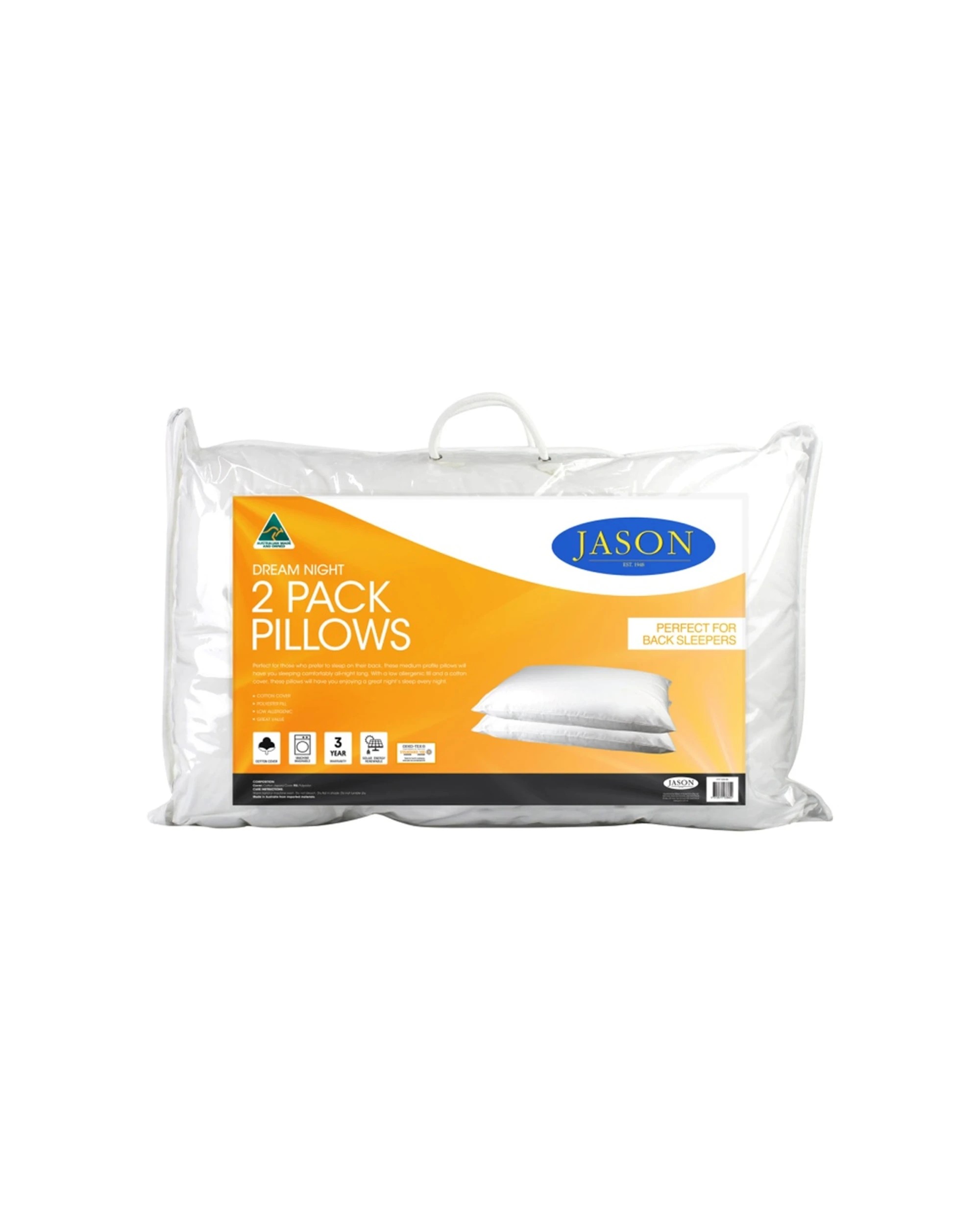 1 Jason 2pc Dream Night Medium Profile Pillows For Back Sleepers Hypo All - White, 1 of 1