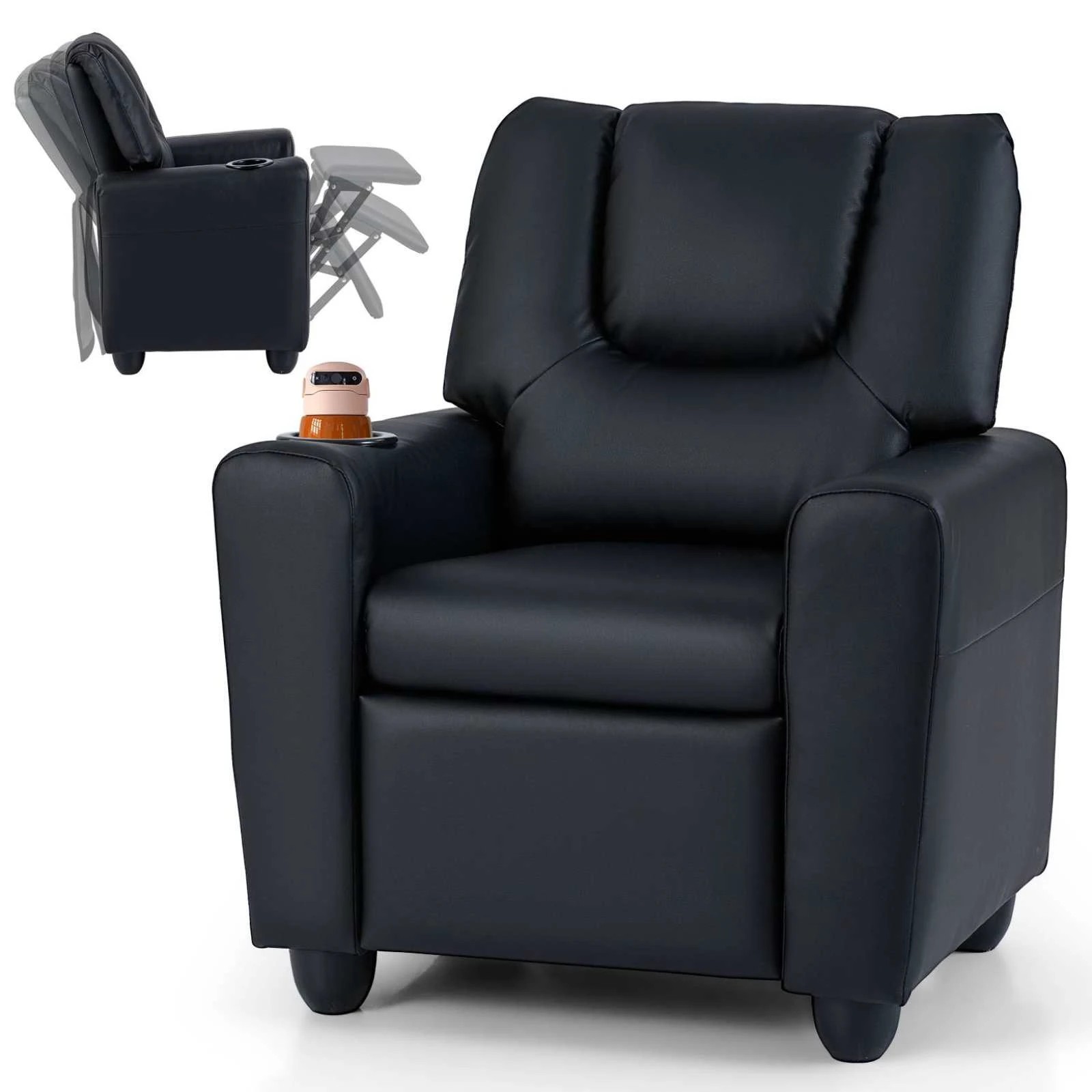 1 Costway Recliner Chair PU Leather Push Back Kids Sofa - Black, 1 of 1