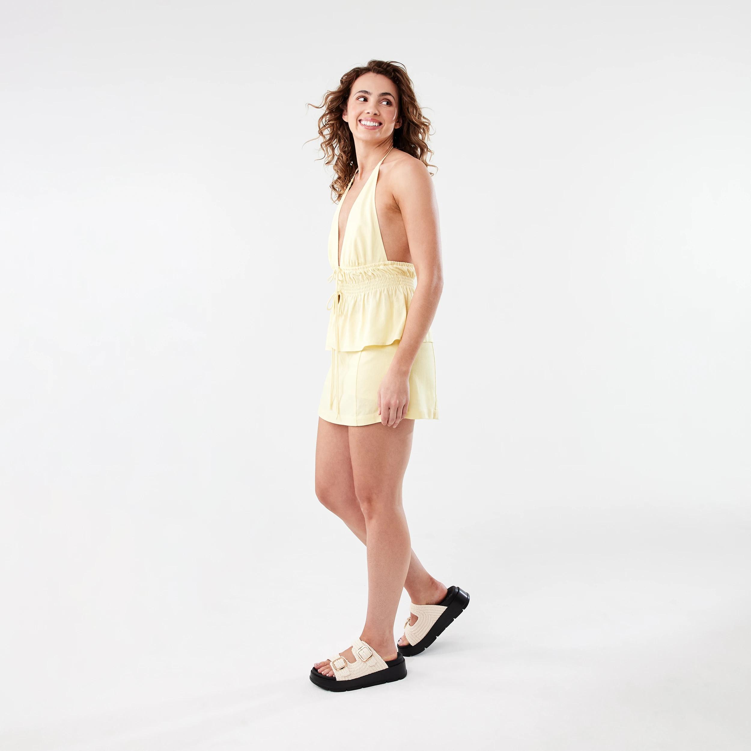 3 Linen Blend Tie Front Halter Neck Top Fln Yellow, 3 of 8