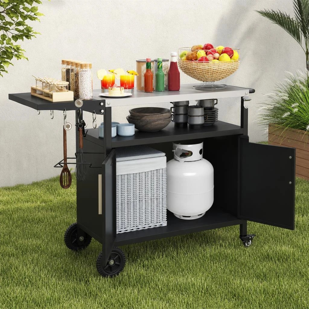 6 Costway Outdoor BBQ Grill Cart 84cm Kitchen Island Trolley Folding Stainless Food Prep Cabinet - Black, 6 of 7