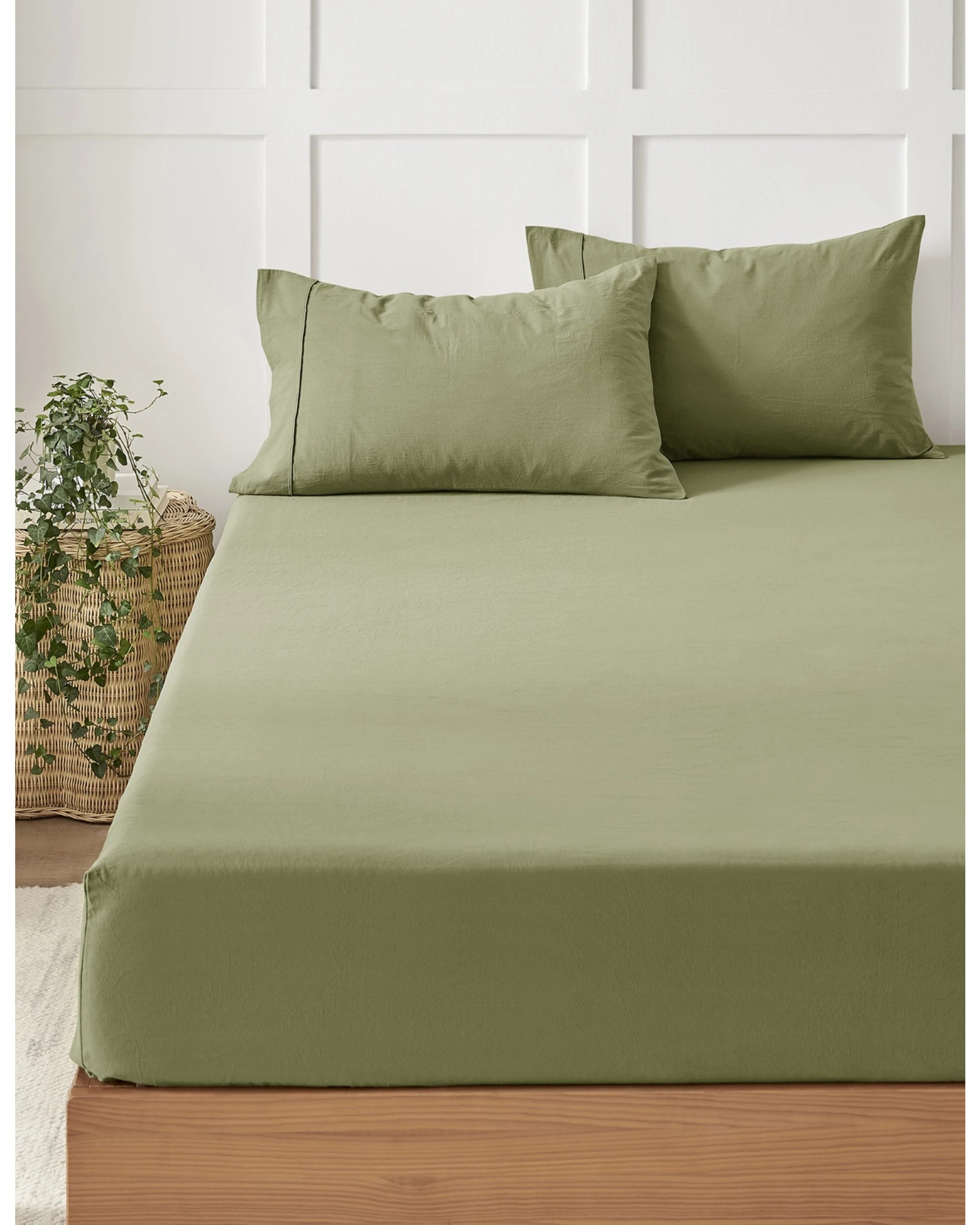 2 Dreamaker Bonnie Washed Cotton Fitted Sheet Set - King Single Bed - Olive, 2 of 6