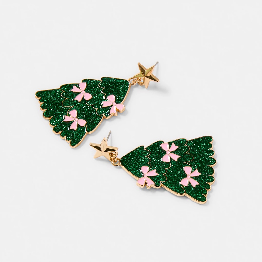 3 Christmas Bow Christmas Tree Earrings - Green, Pink and Gold Tone, 3 of 5