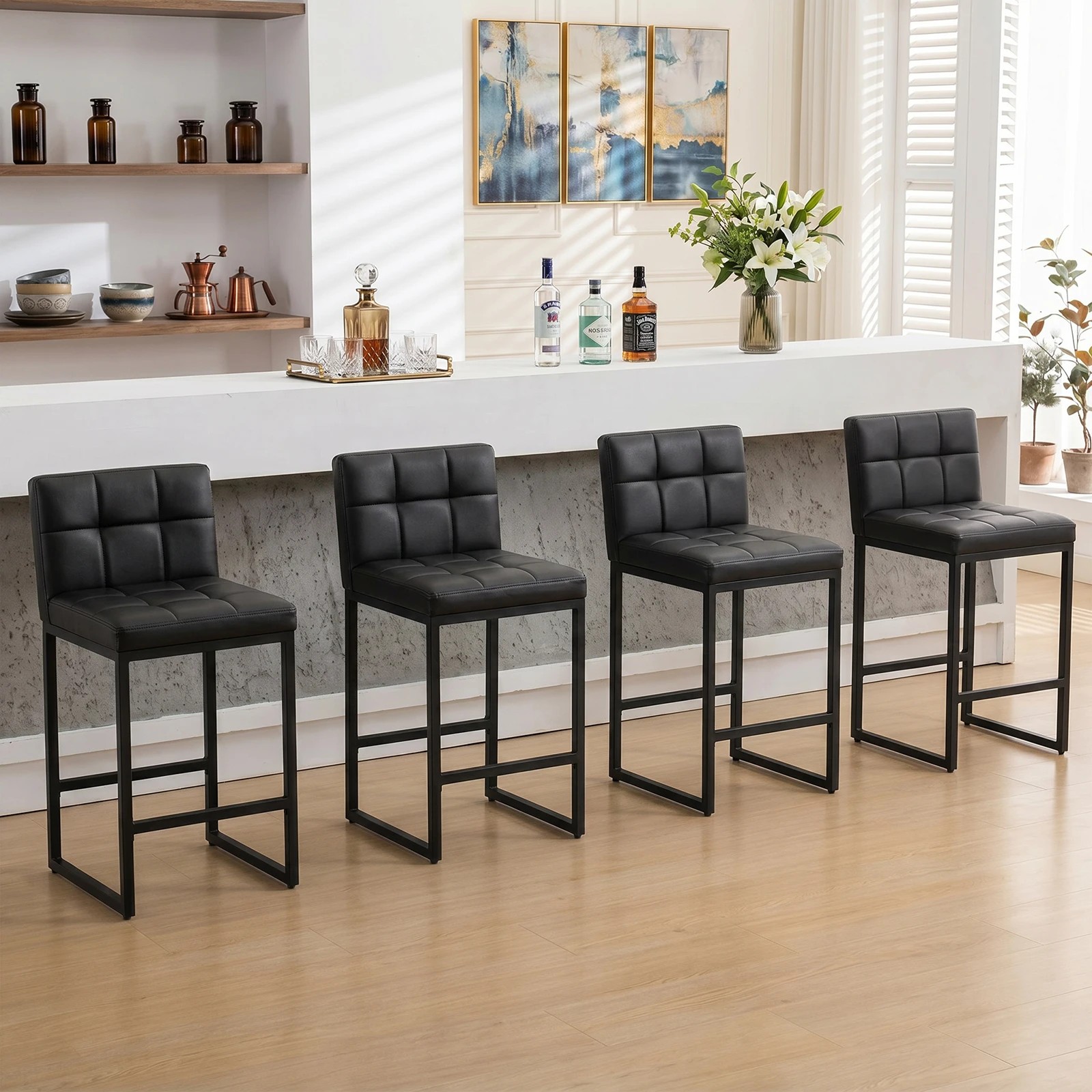 3 Advwin Set of 4 Bar stools PU Leather Counter Stools with Low Backrest & Footrests Counter Stools - Black, 3 of 6