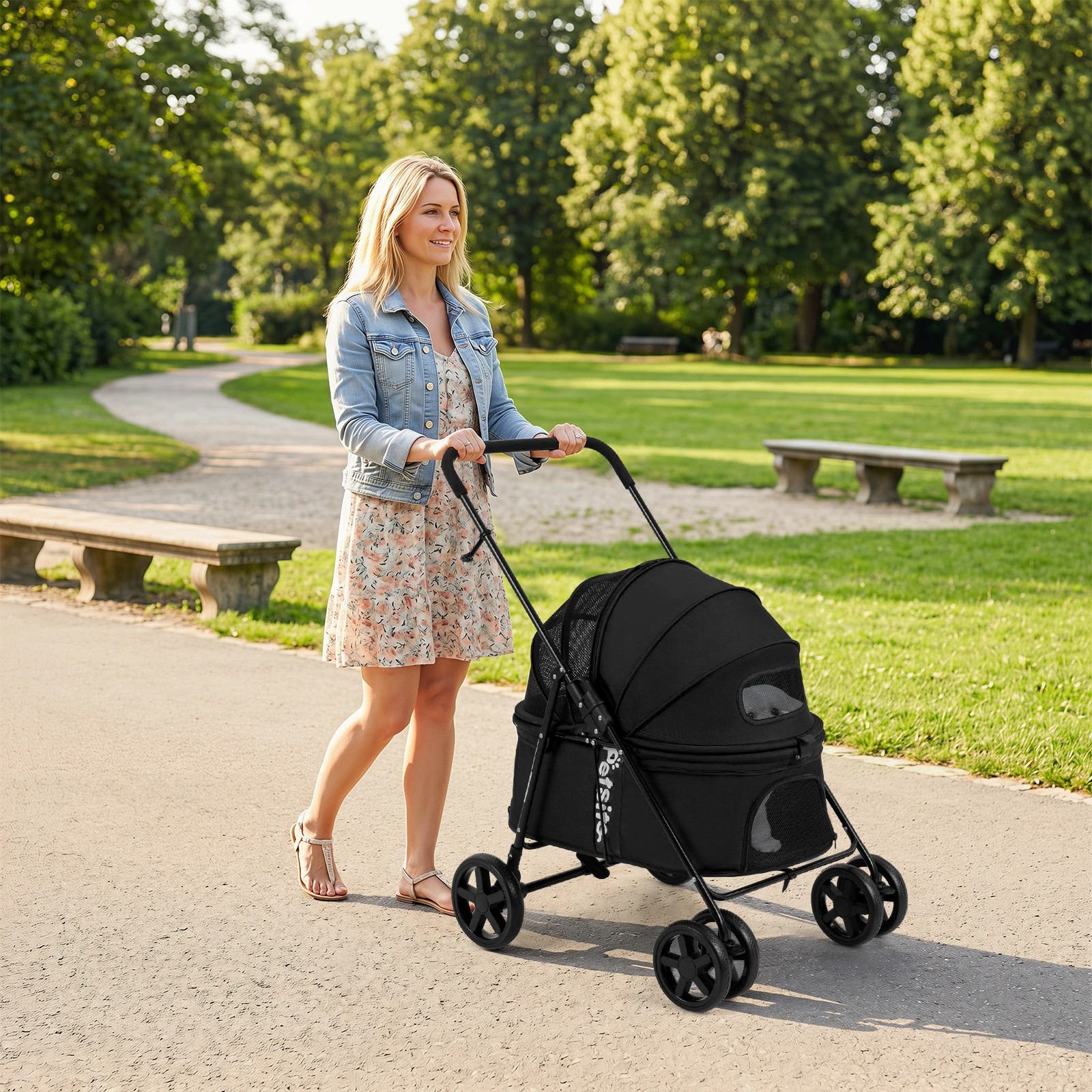 4 Costway Foldable Pet Stroller Portable Pet Travel Cart w/Double-Sided Canopy - Black, 4 of 6